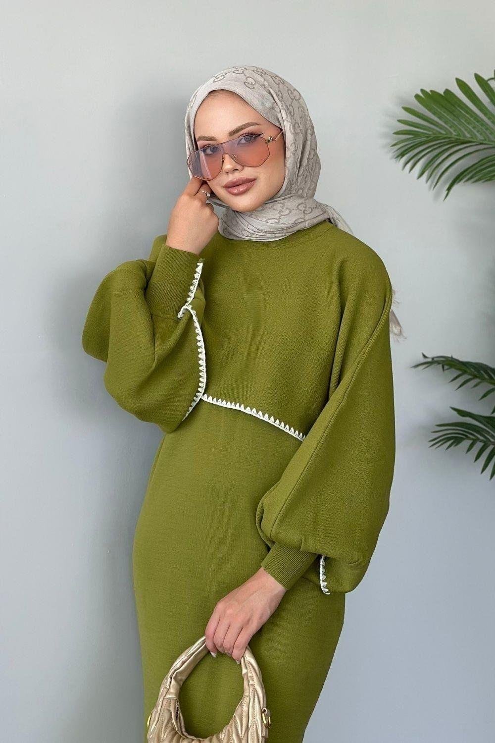 Crop Görünümlü Triko Elbise Yağ Yeşili 24680 