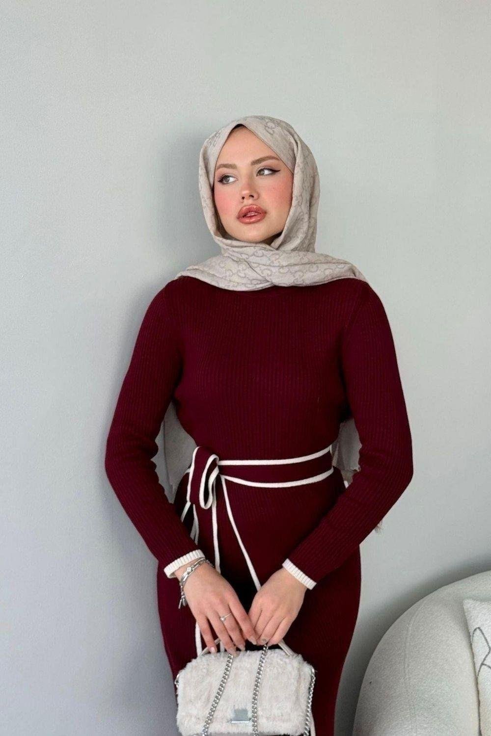 Valent  Bağlamalı  Triko Elbise Bordo 24890 