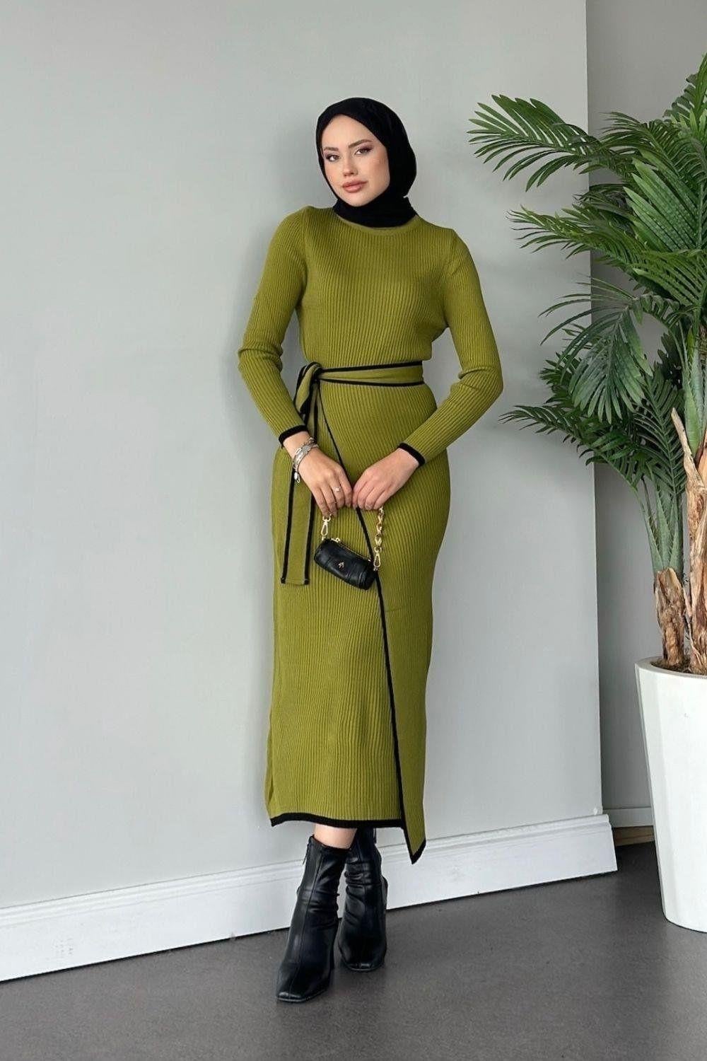 Valent  Bağlamalı  Triko Elbise Yağ Yeşili 24890 