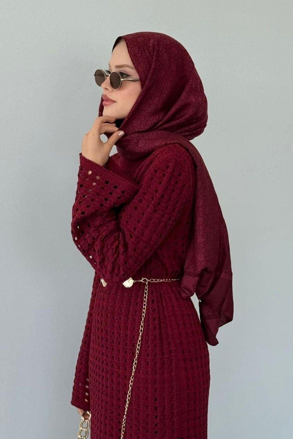 Palmiye Fileli Elbise Bordo 2510000 