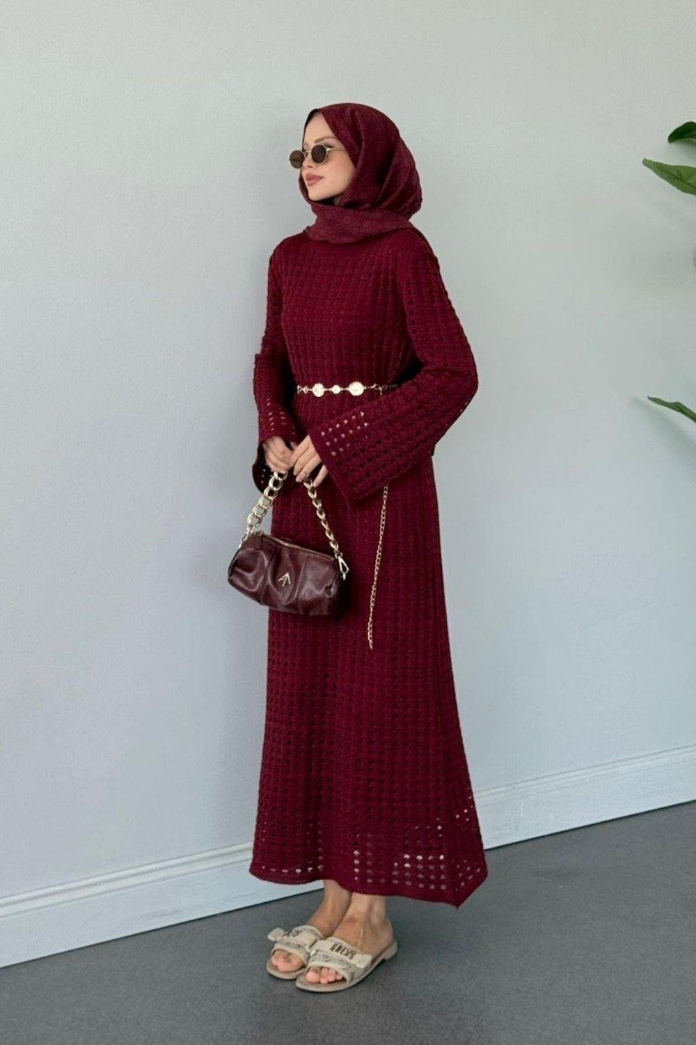Palmiye Fileli Elbise Bordo 2510000 