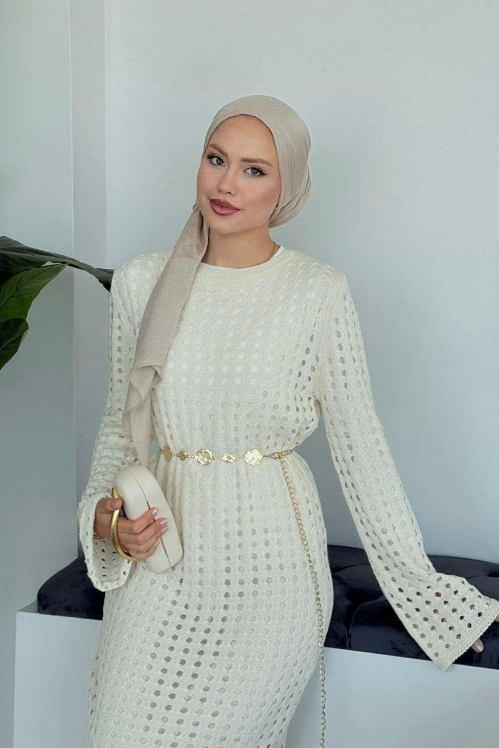 Palmiye Fileli Elbise Ekru 2510000 