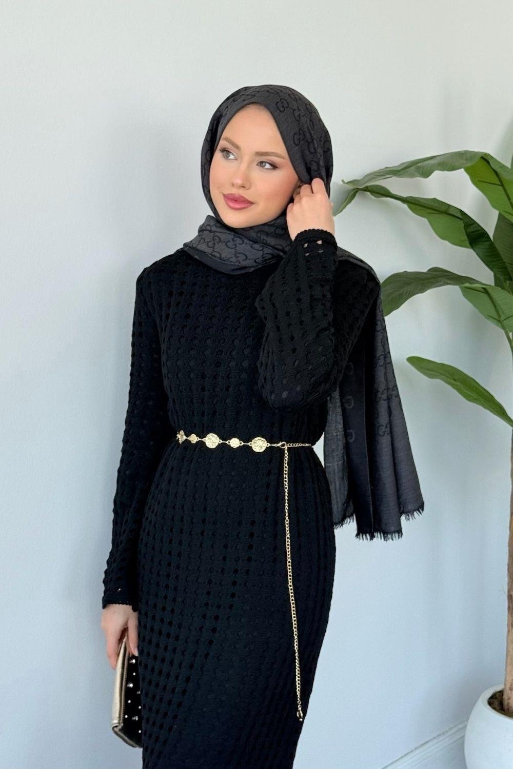 Palmiye Fileli Elbise Siyah 2510000 