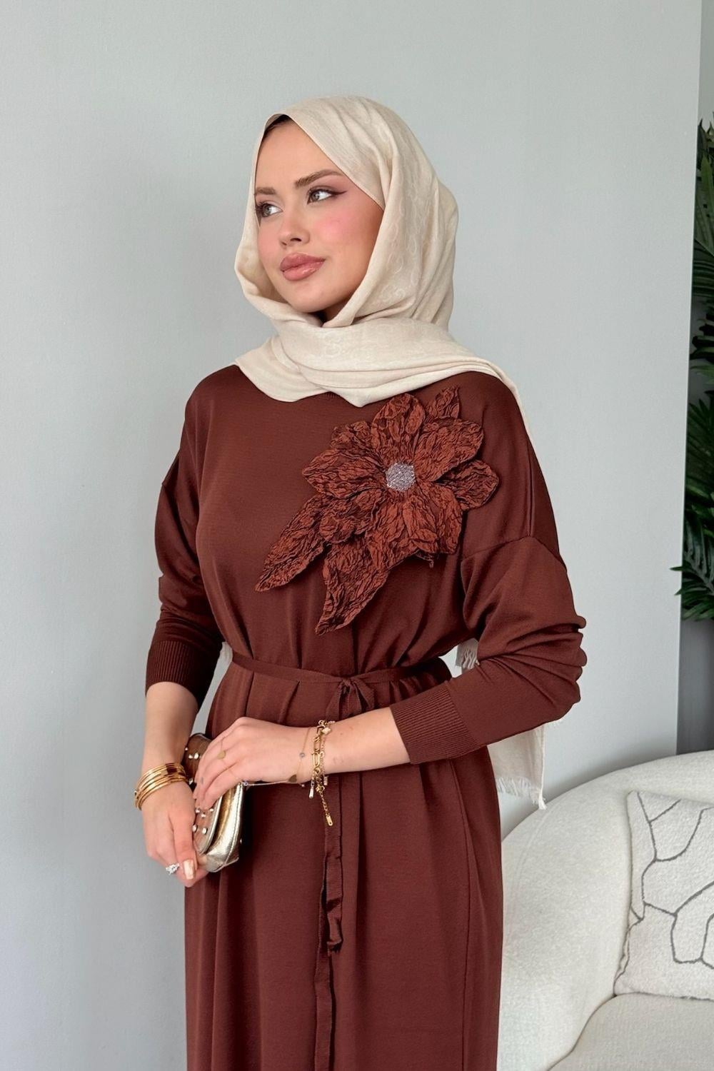 Zambak Merserize Elbise Kahverengi 25110 