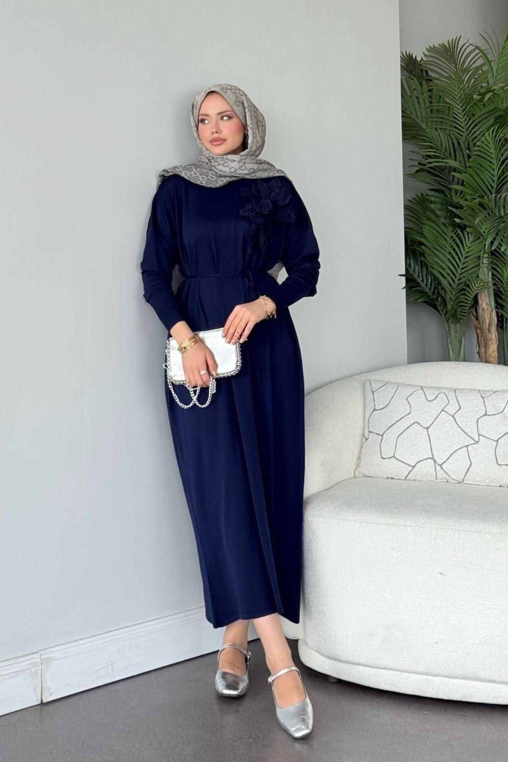 Zambak Merserize Elbise Lacivert 25110 