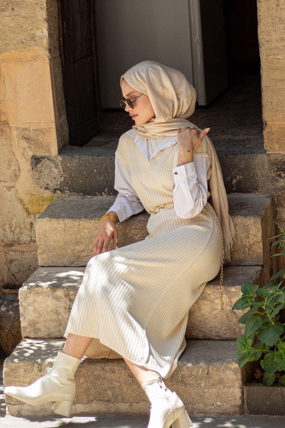 Kol Yaka Gömlekli Fitilli Elbise Krem 25120 