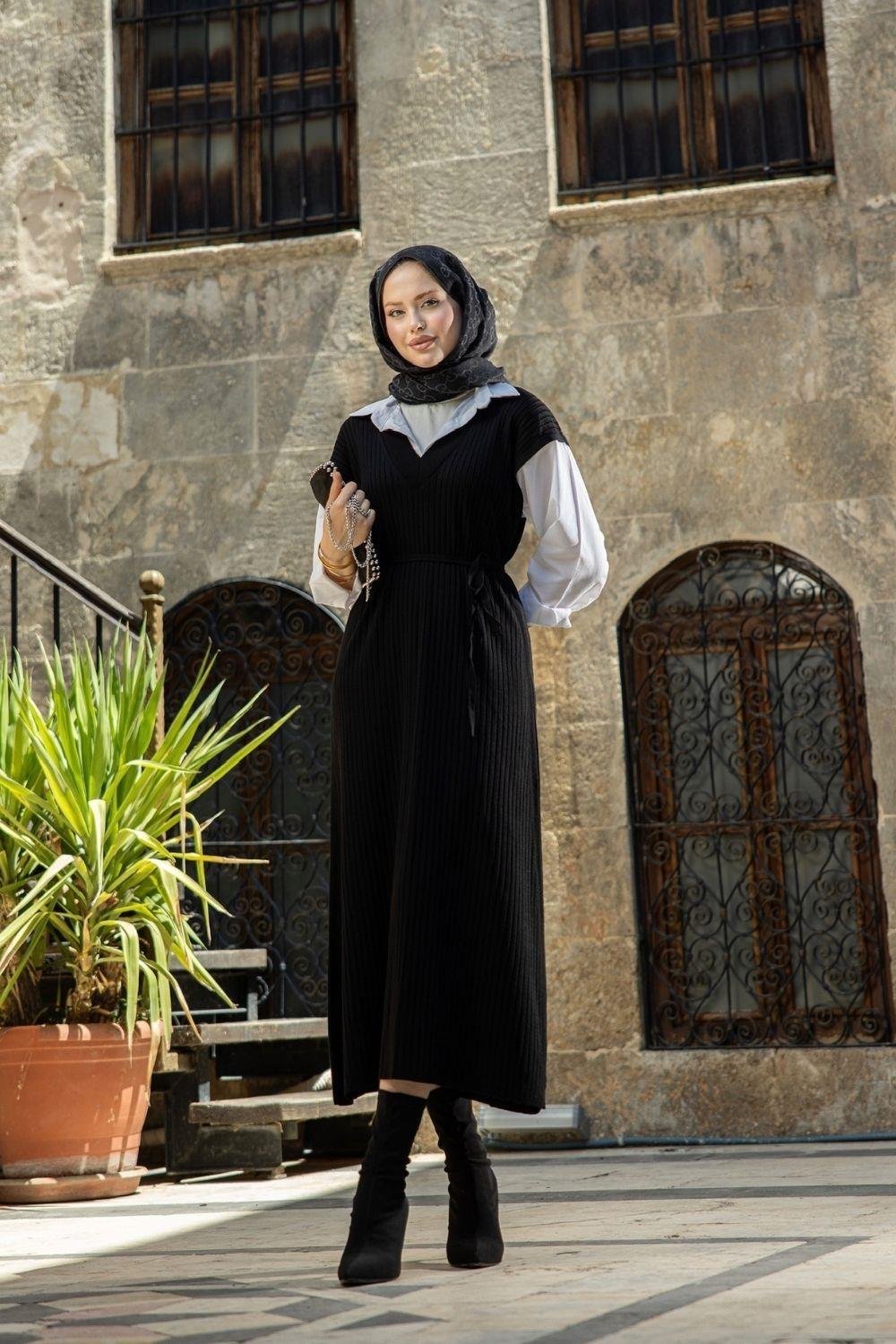 Kol Yaka Gömlekli Fitilli Elbise Siyah 25120 