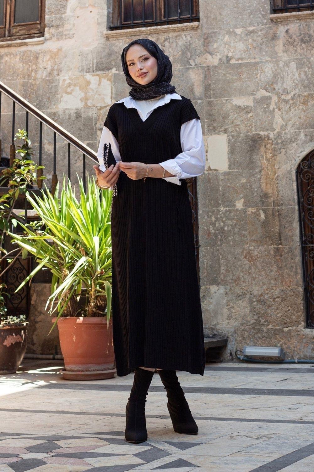 Kol Yaka Gömlekli Fitilli Elbise Siyah 25120 