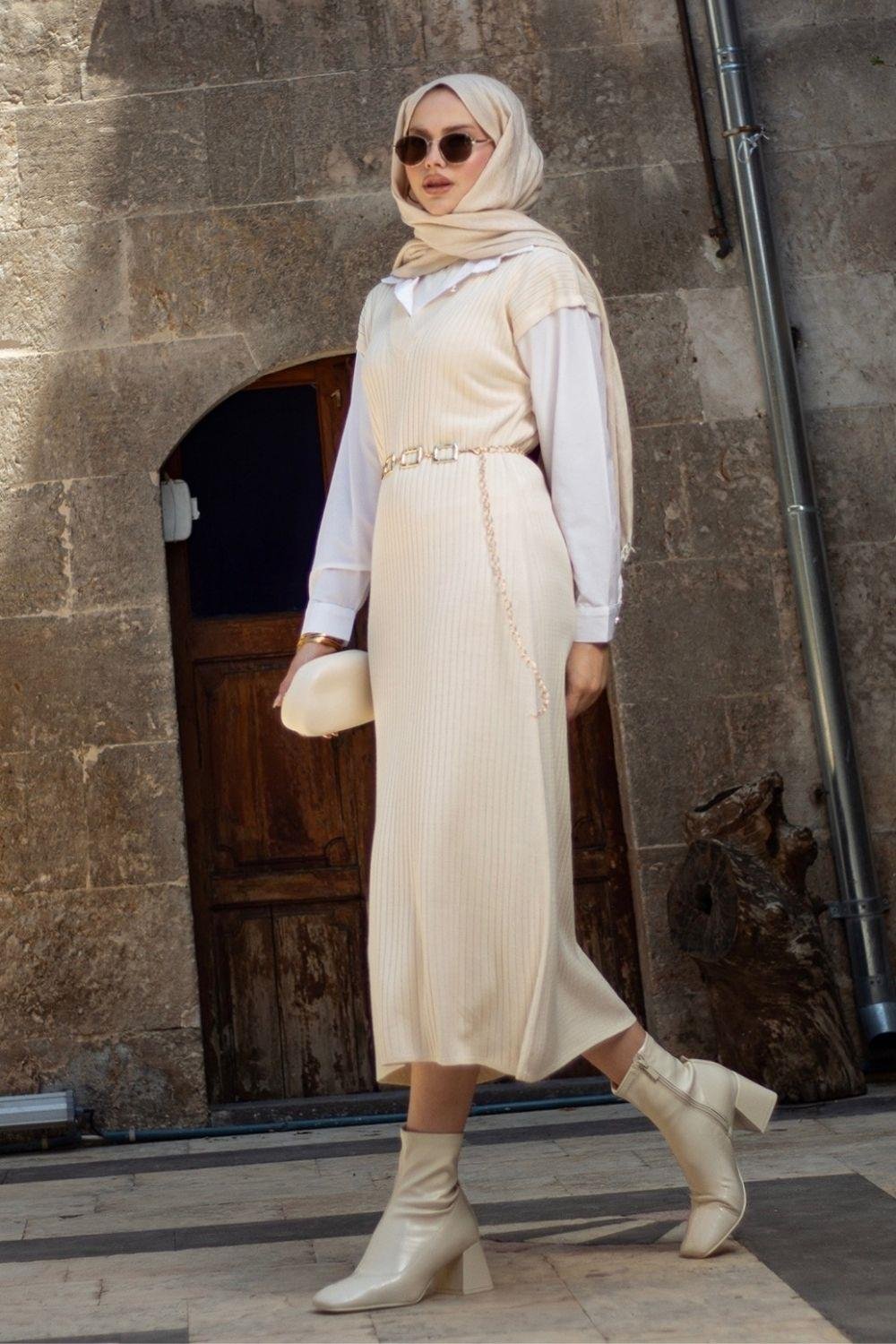 Kol Yaka Gömlekli Fitilli Elbise Krem 25120 