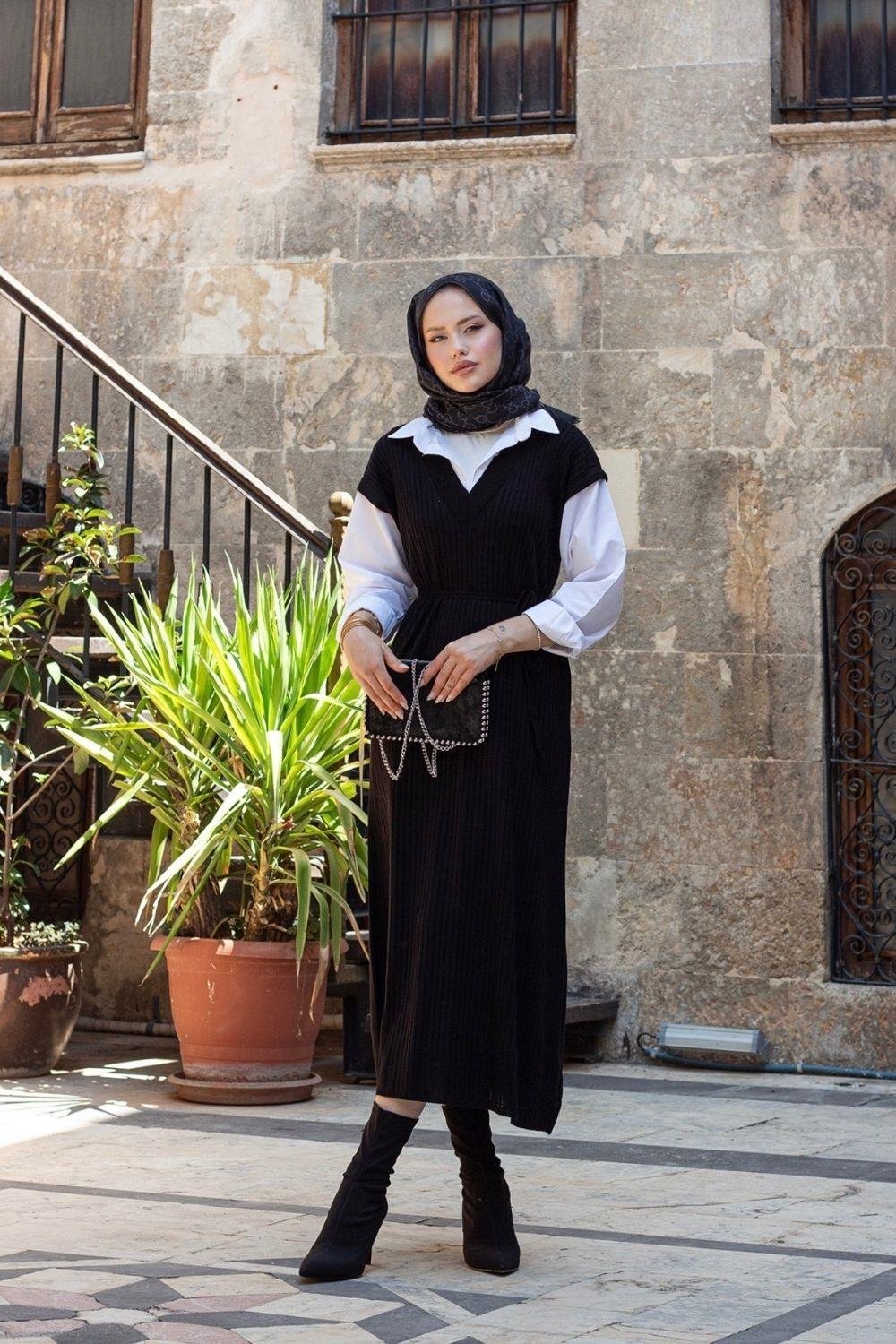 Kol Yaka Gömlekli Fitilli Elbise Siyah 25120 