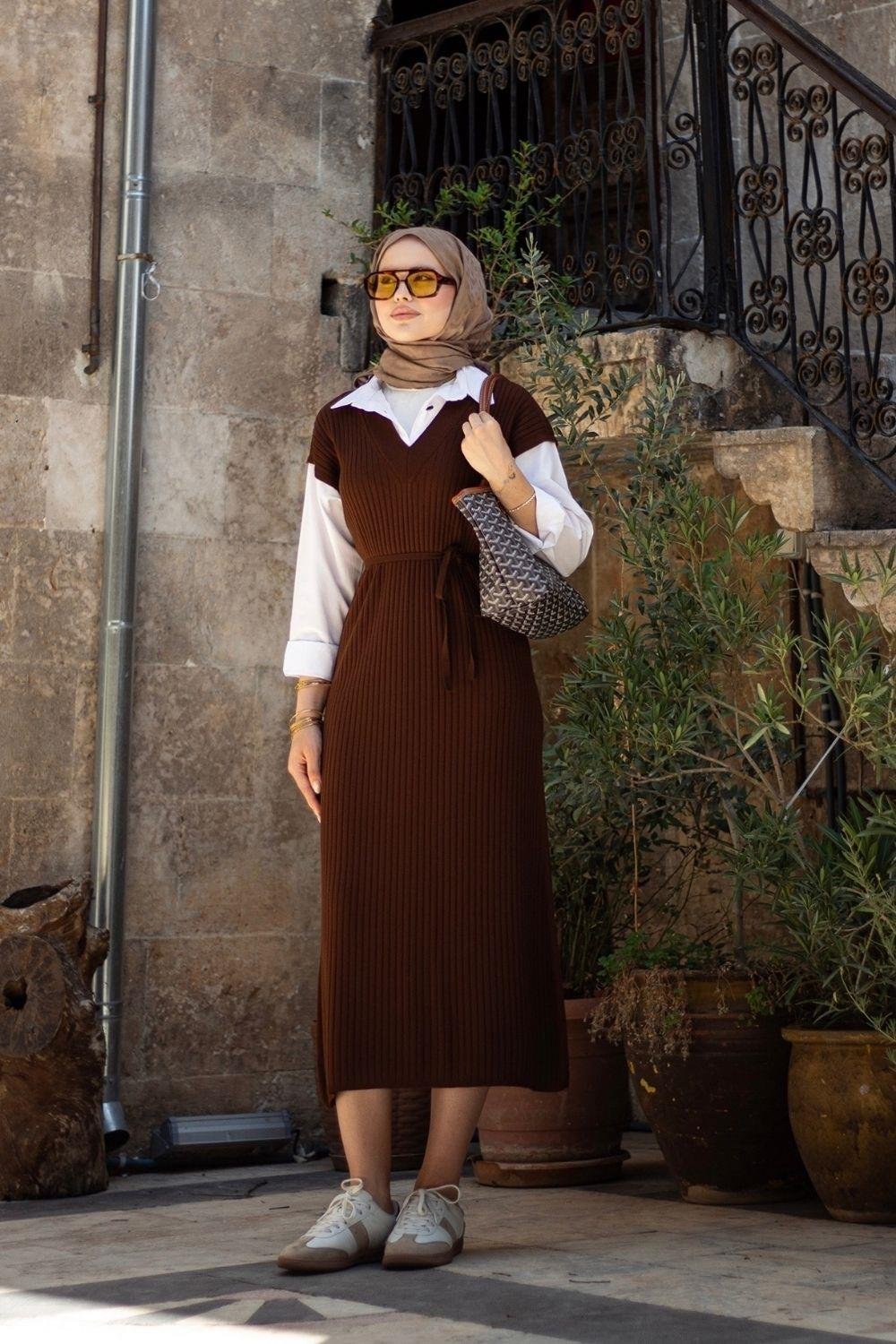 Kol Yaka Gömlekli Fitilli Elbise Kahverengi 25120 