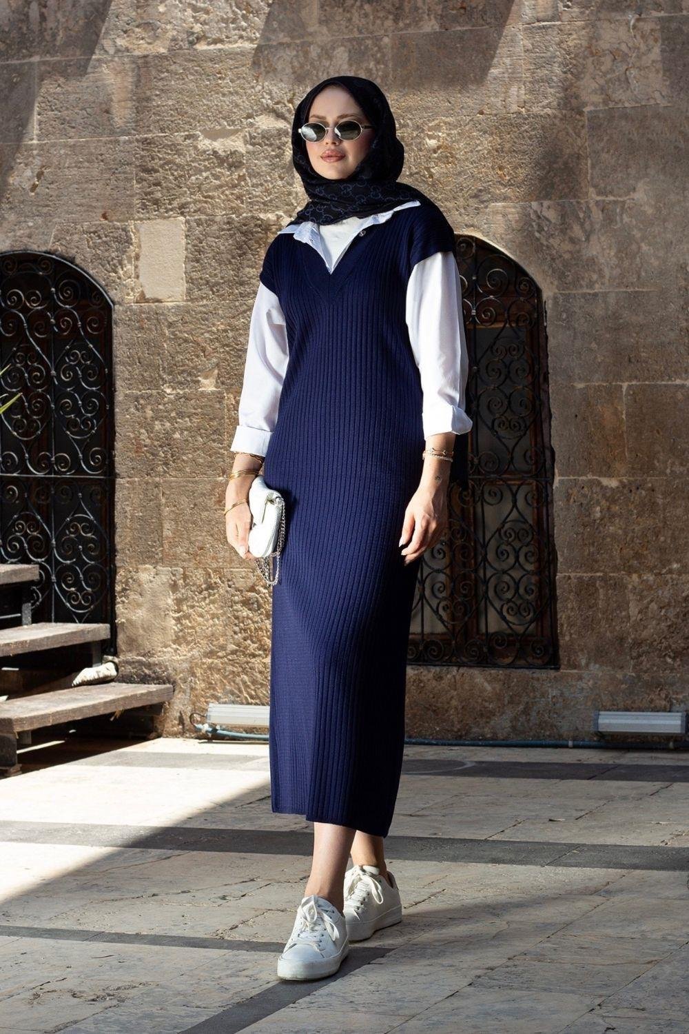 Kol Yaka Gömlekli Fitilli Elbise Lacivert 25120 