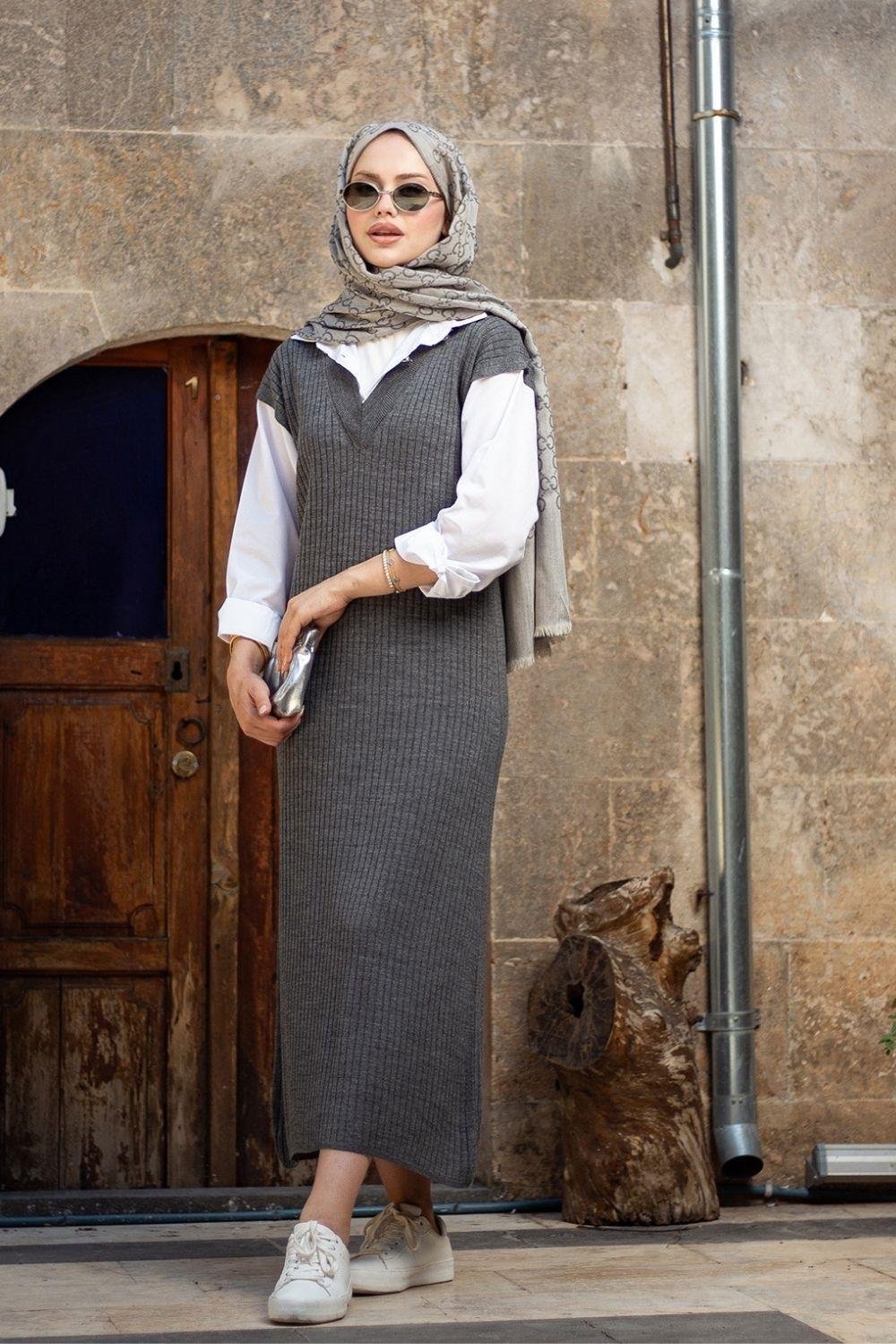 Kol Yaka Gömlekli Fitilli Elbise Füme 25120 