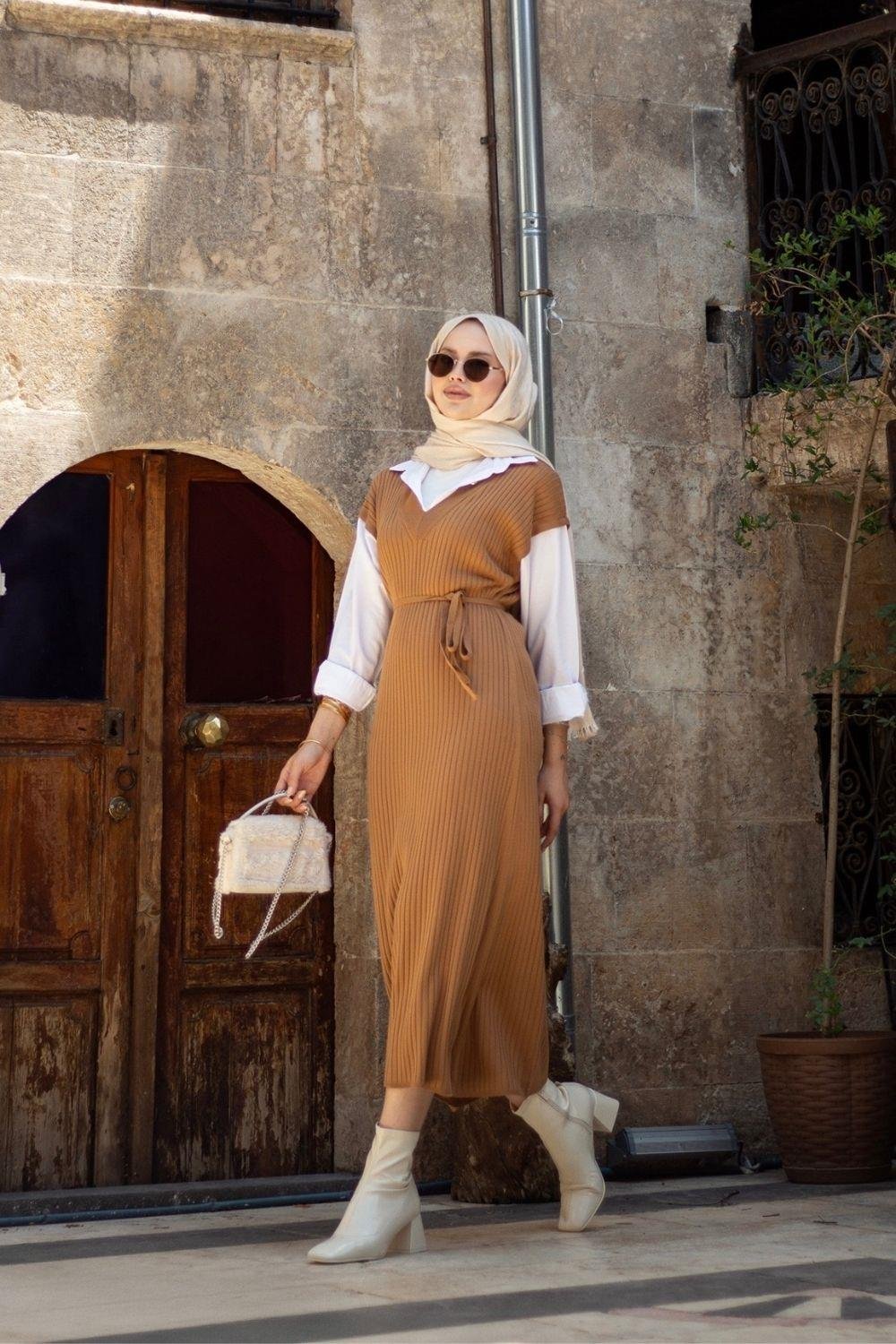 Kol Yaka Gömlekli Fitilli Elbise Camel 25120 