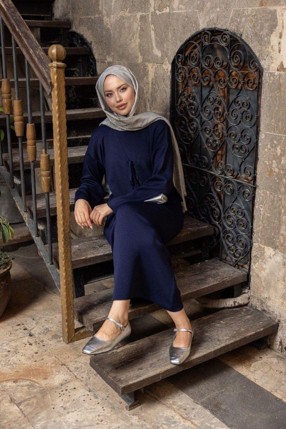 Kuğu Croplu Triko Elbise Lacivert 25160 