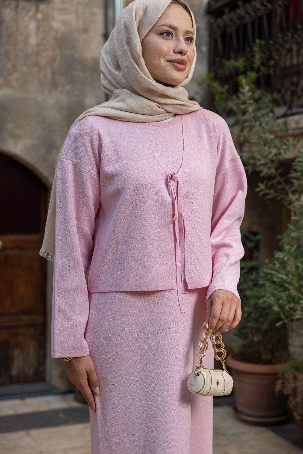 Kuğu Croplu Triko Elbise Pembe 25160 