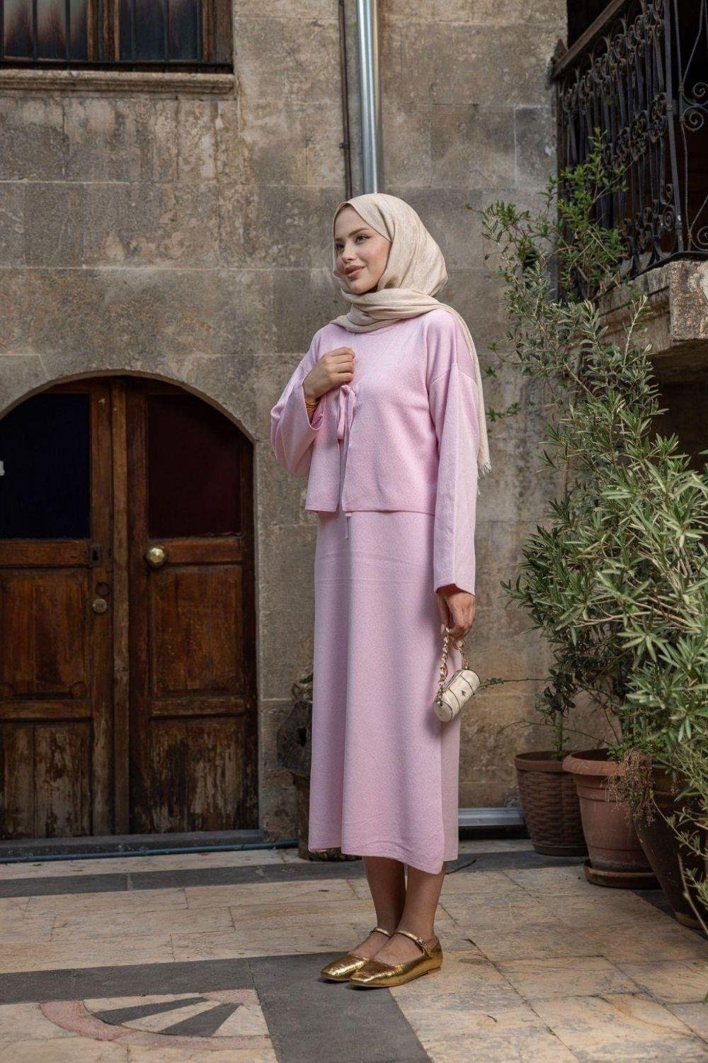 Kuğu Croplu Triko Elbise Pembe 25160 