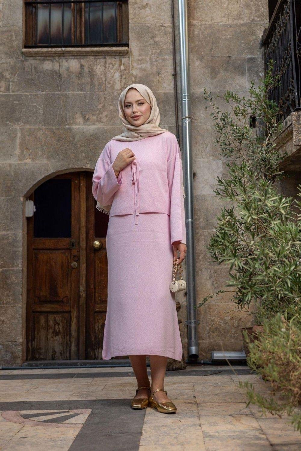 Kuğu Croplu Triko Elbise Pembe 25160 