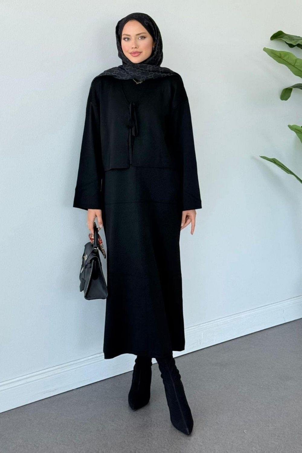 Kuğu Croplu Triko Elbise Siyah 25160 