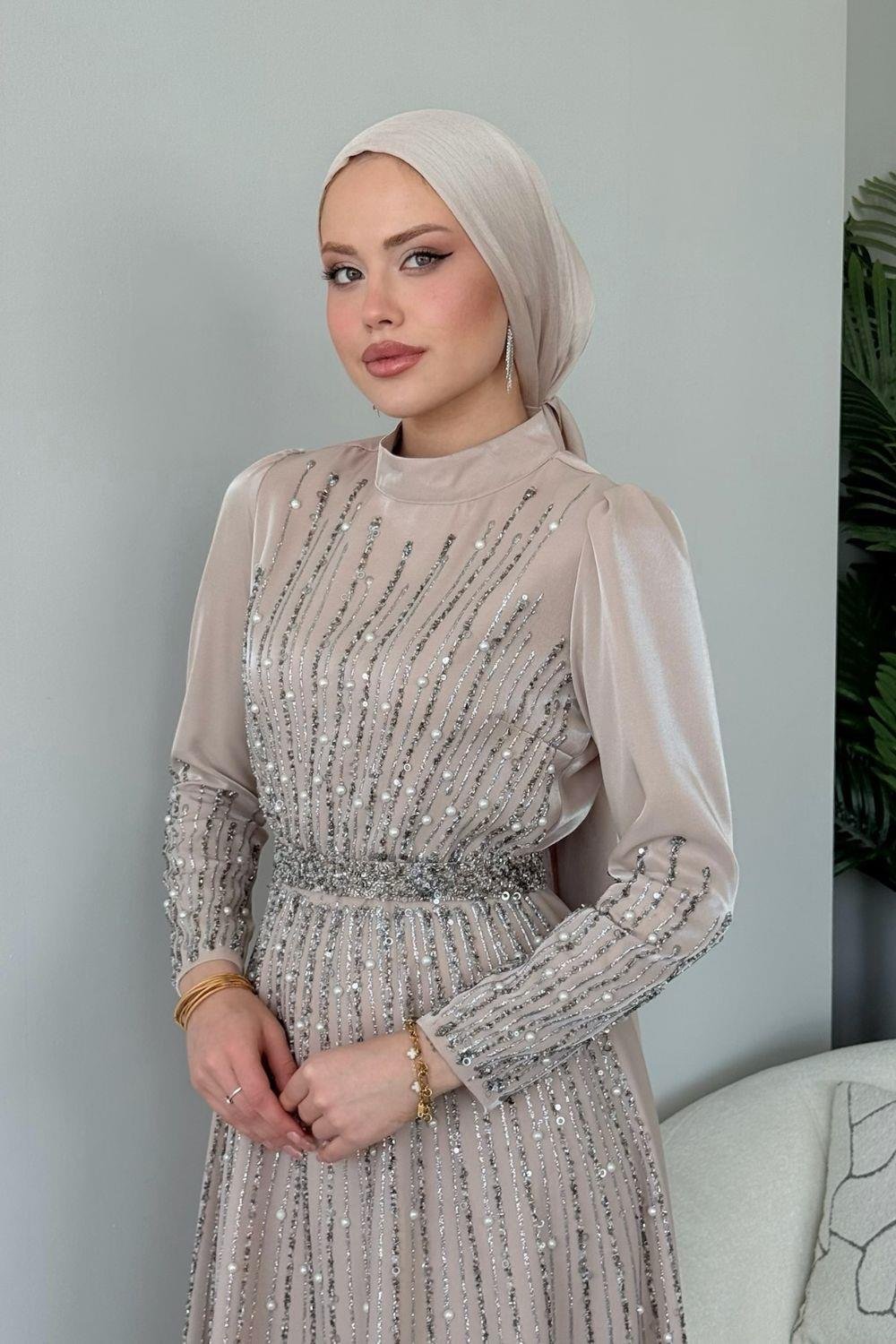 Işıltılı Abiye Bej 2519 