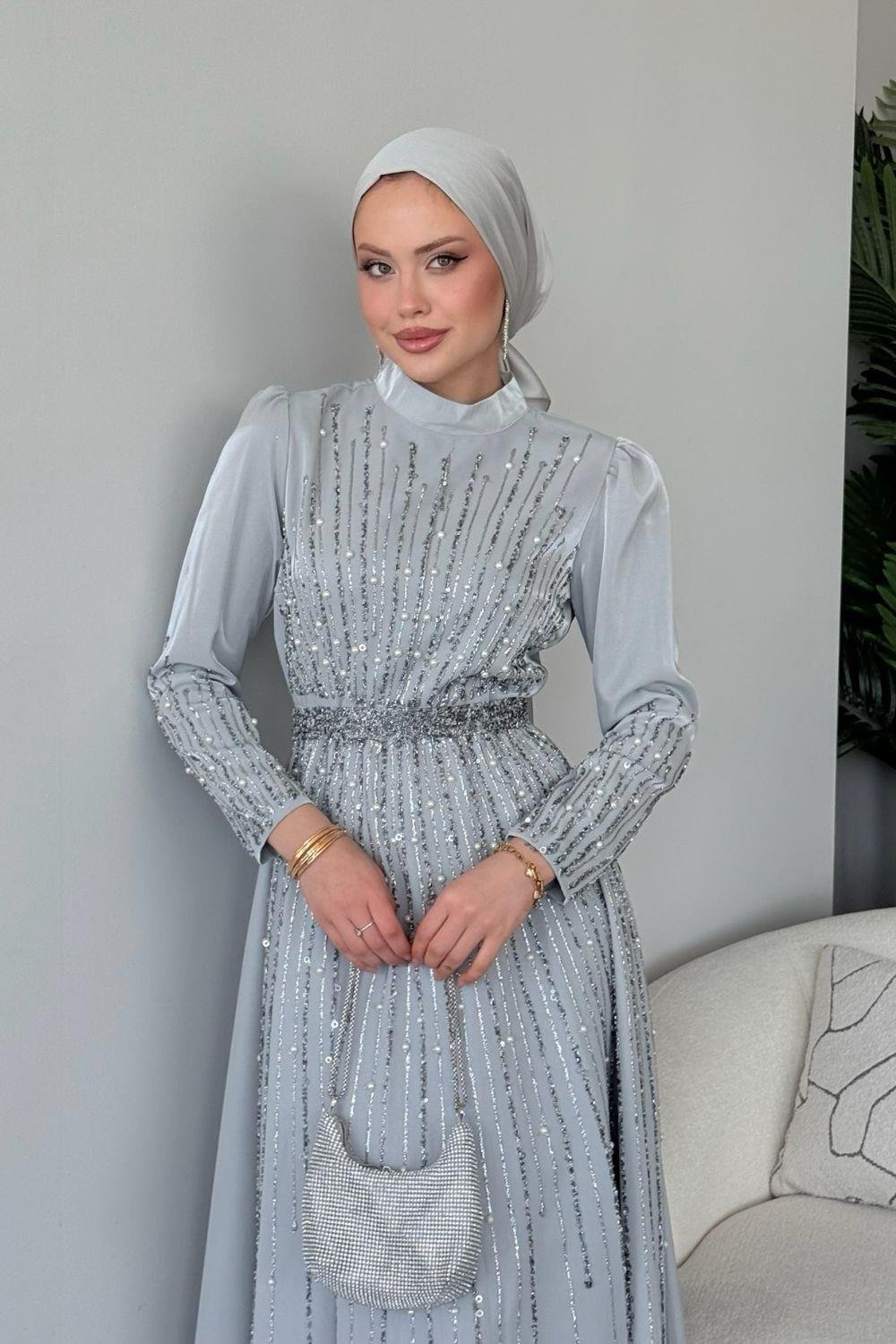 Işıltılı Abiye Gri 2519 