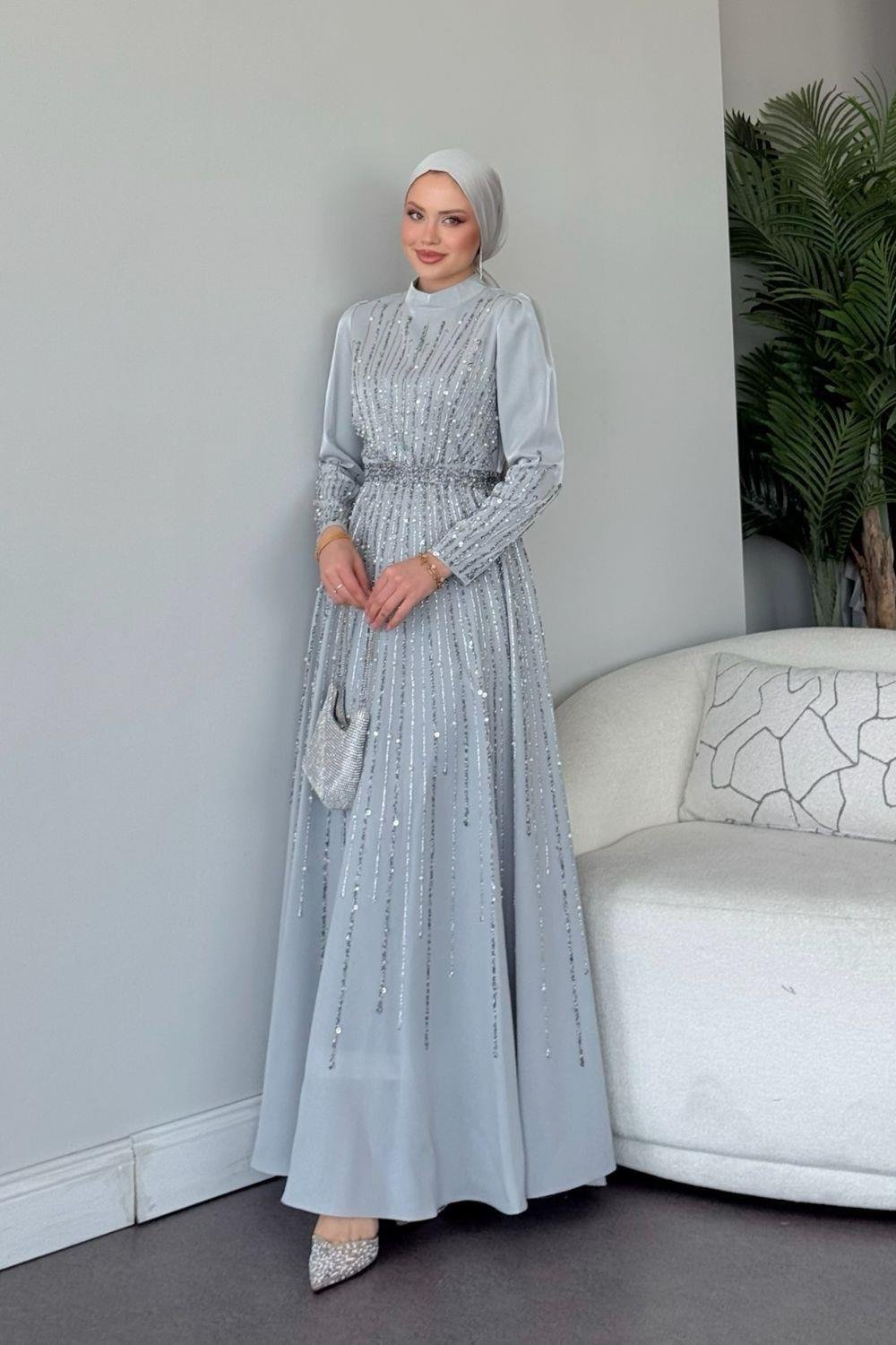 Işıltılı Abiye Gri 2519 