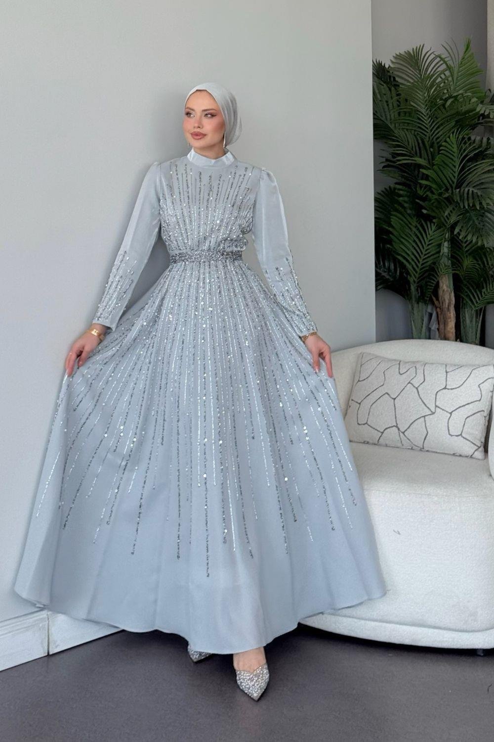 Işıltılı Abiye Gri 2519 