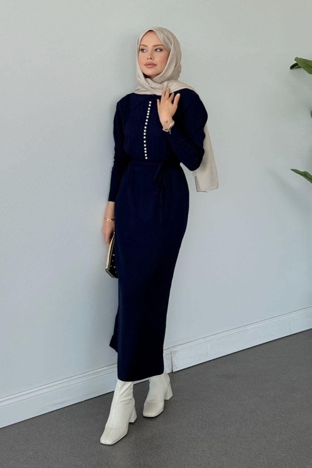 Üst Saç Örgü İncili Gömlek Yaka Elbise Lacivert 25210 