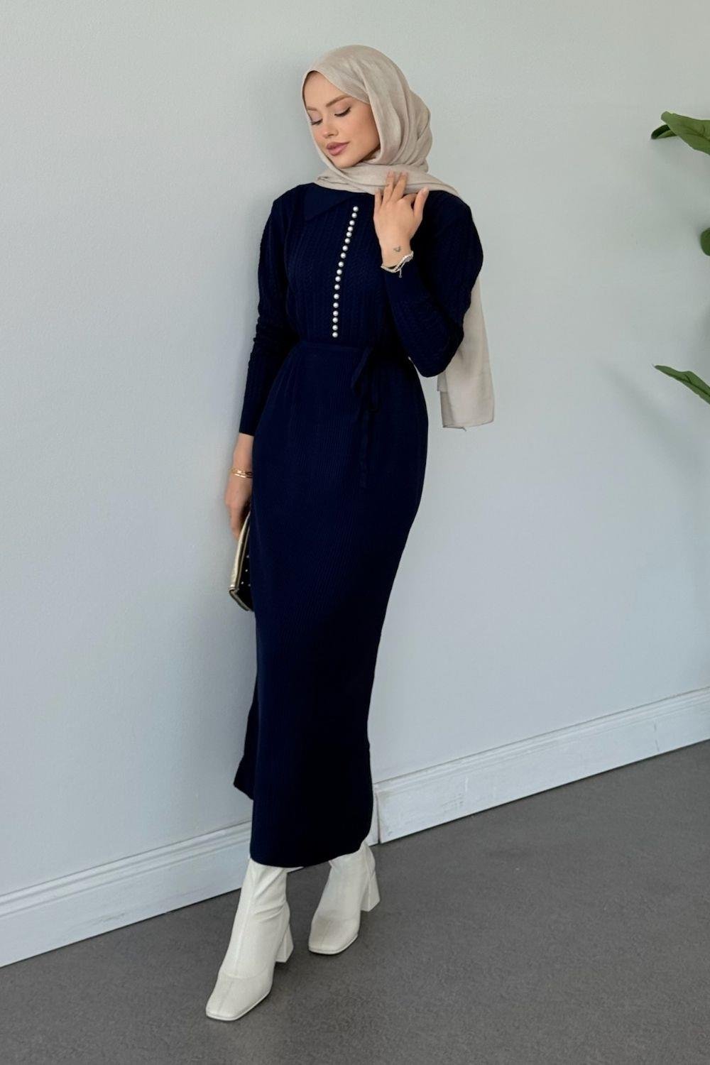 Üst Saç Örgü İncili Gömlek Yaka Elbise Lacivert 25210 
