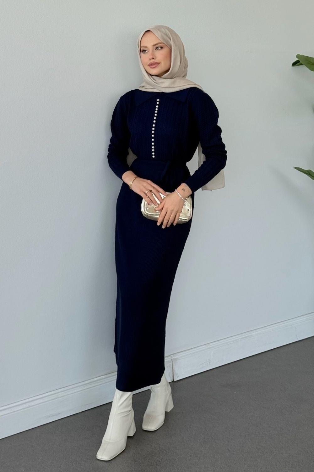 Üst Saç Örgü İncili Gömlek Yaka Elbise Lacivert 25210 