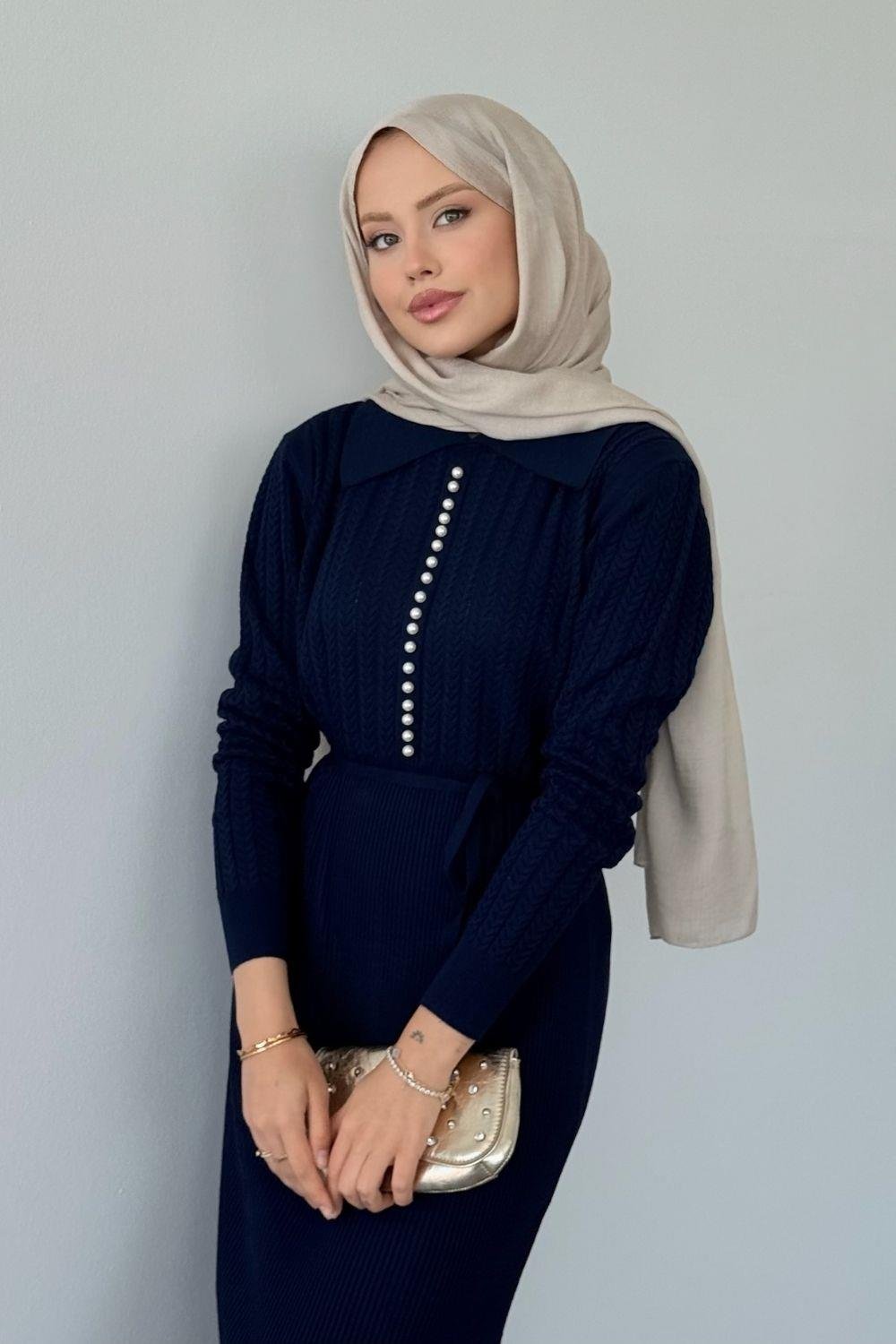 Üst Saç Örgü İncili Gömlek Yaka Elbise Lacivert 25210 