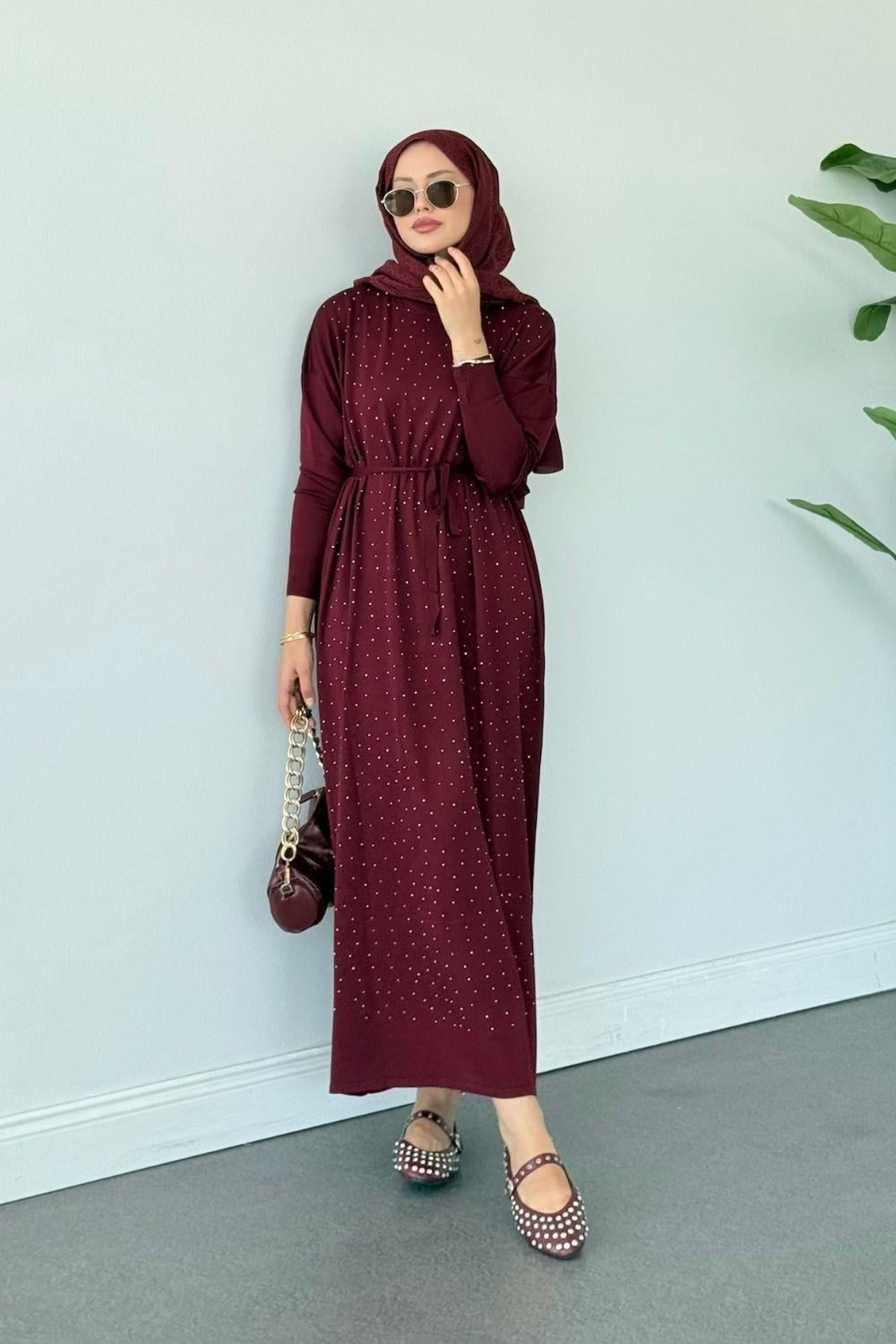 Merserize Taşlı Elbise Bordo 25270 