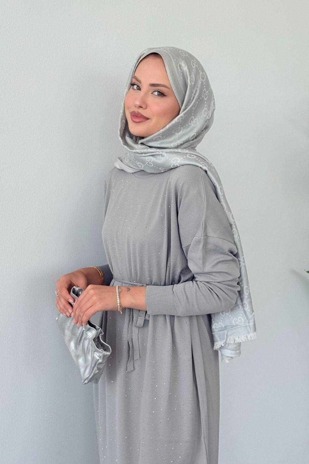 Merserize Taşlı Elbise Gri 25270 