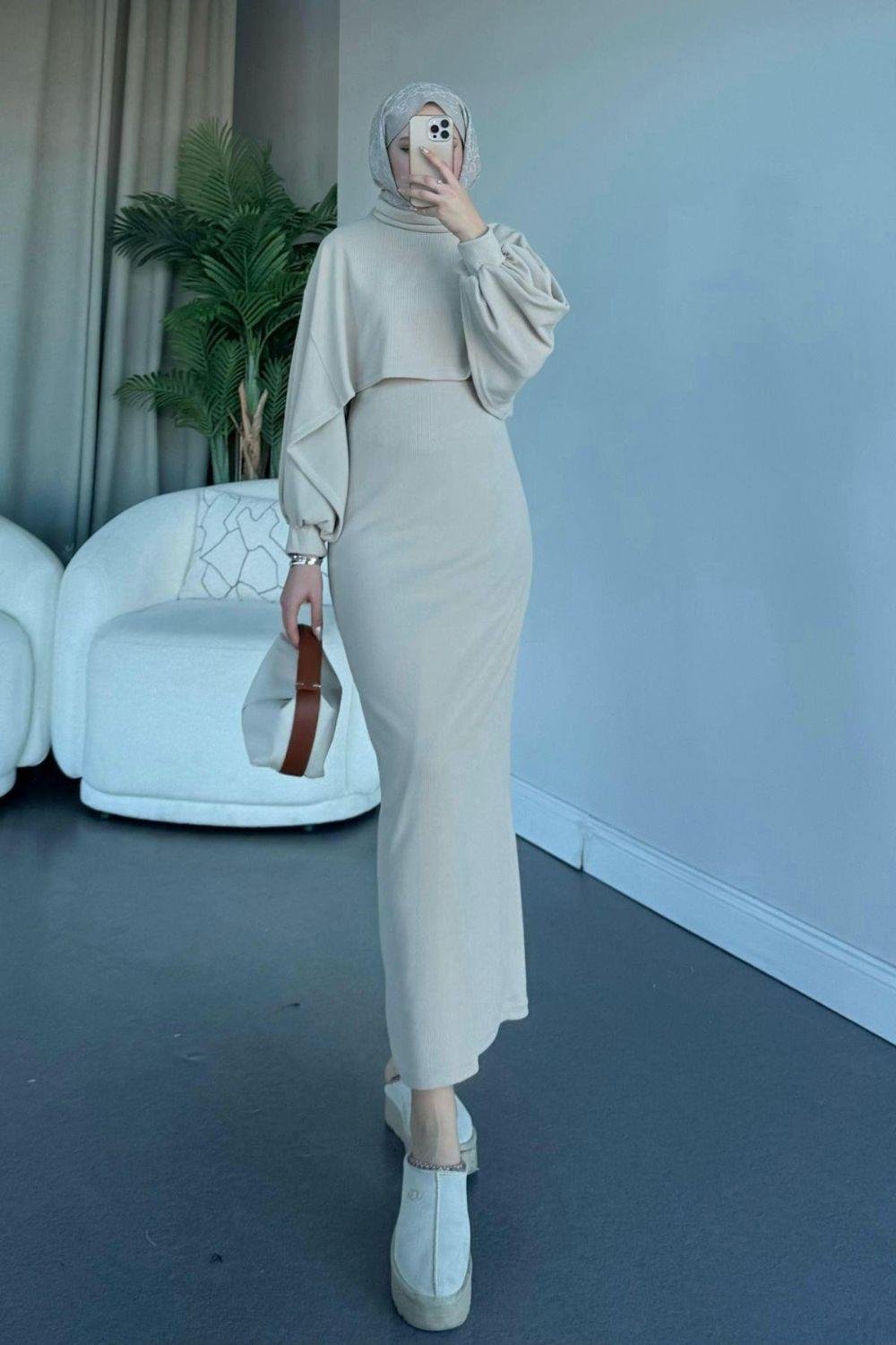 Ferda Boğazlı Triko Elbise Bej 2533 