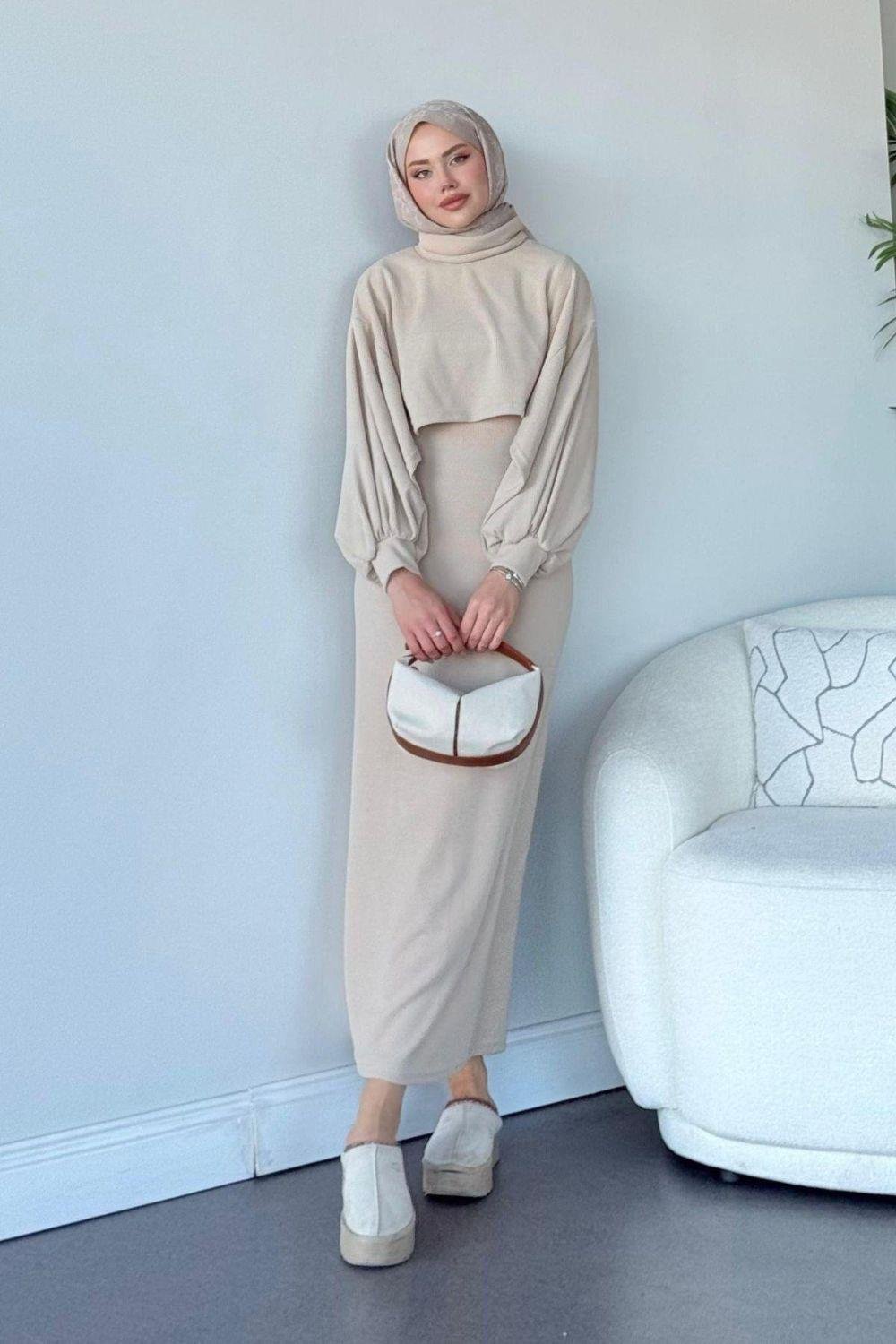 Ferda Boğazlı Triko Elbise Bej 2533 