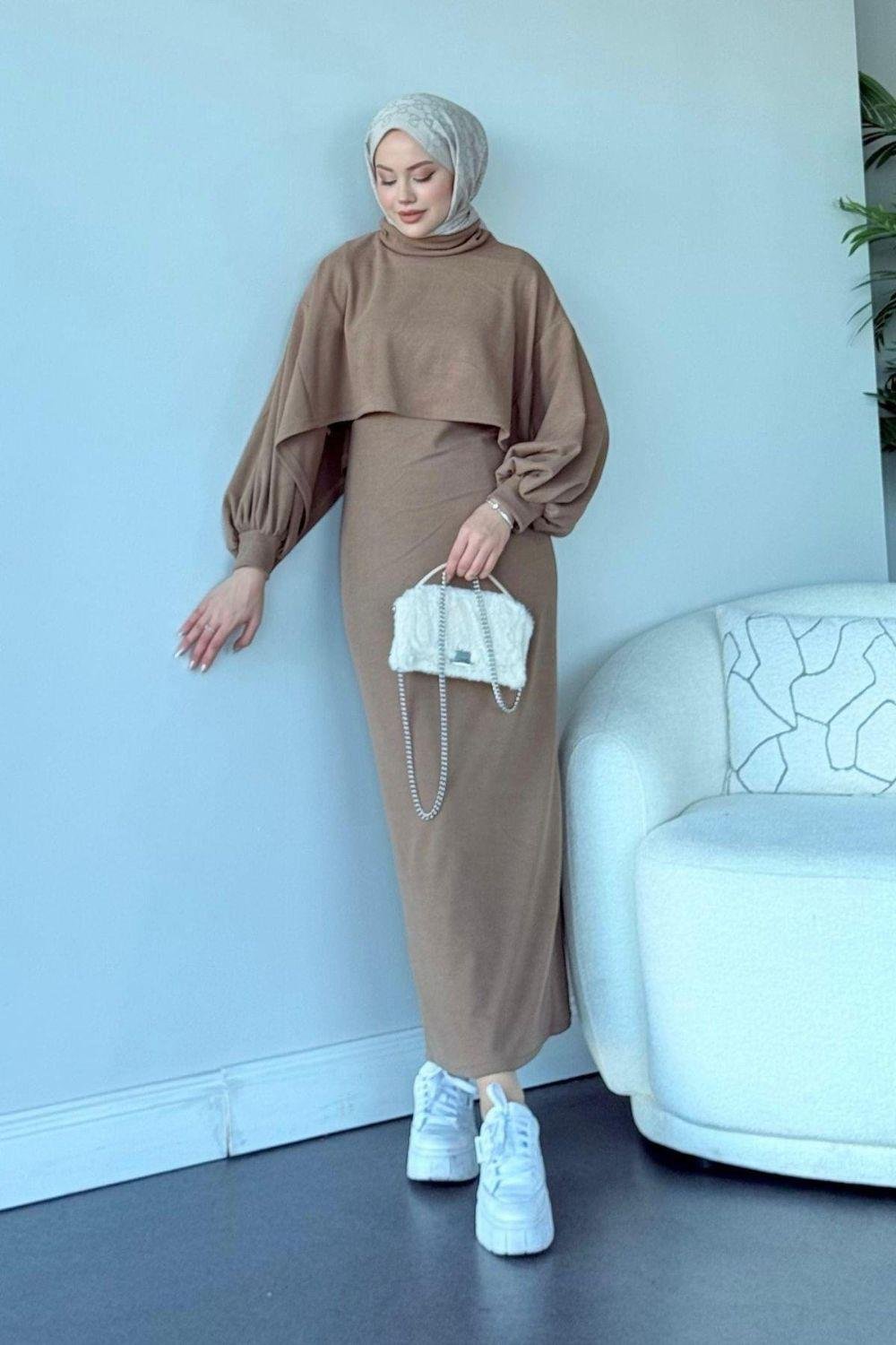 Ferda Boğazlı Triko Elbise Camel 2533 