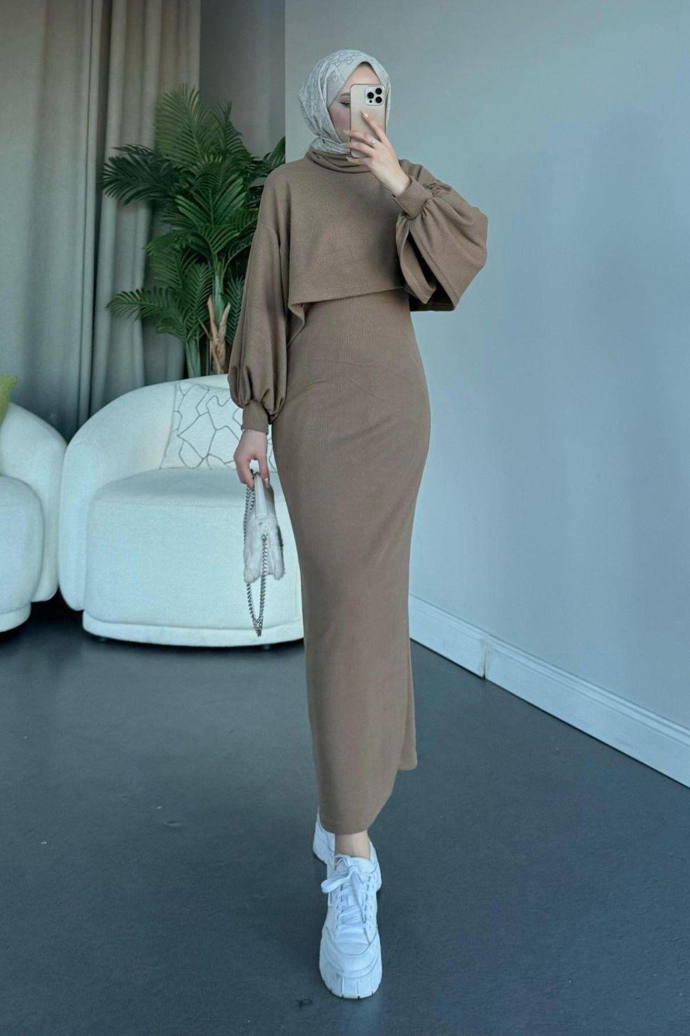 Ferda Boğazlı Triko Elbise Camel 2533 