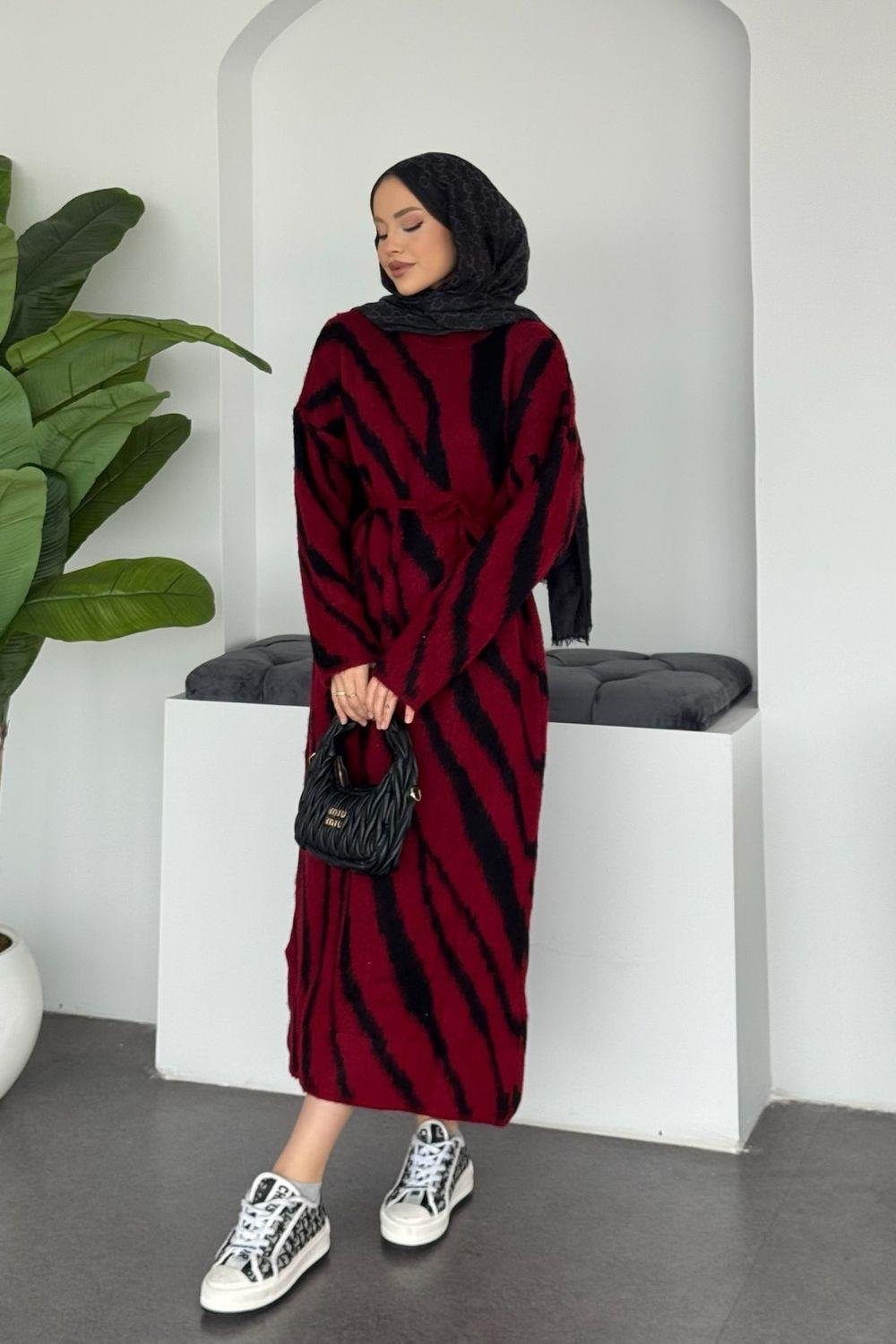 Pars Zebra Desen Elbise Bordo 25330 