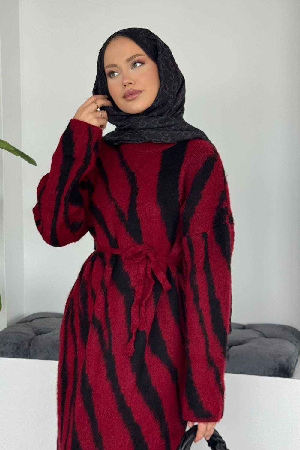 Pars Zebra Desen Elbise Bordo 25330 
