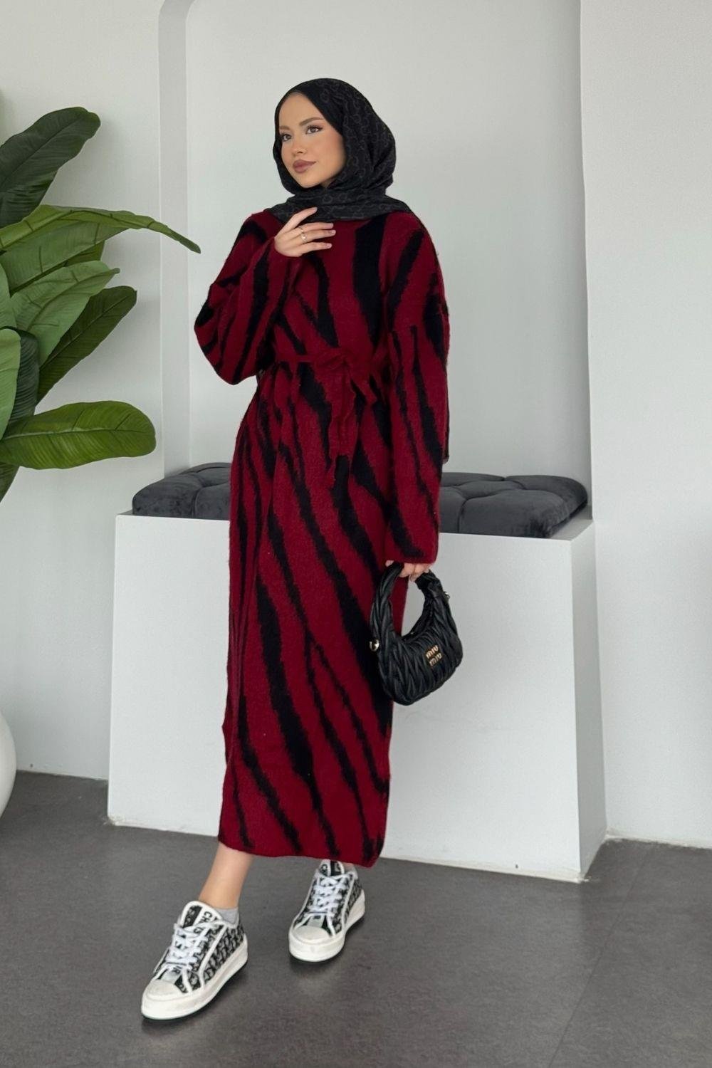 Pars Zebra Desen Elbise Bordo 25330 