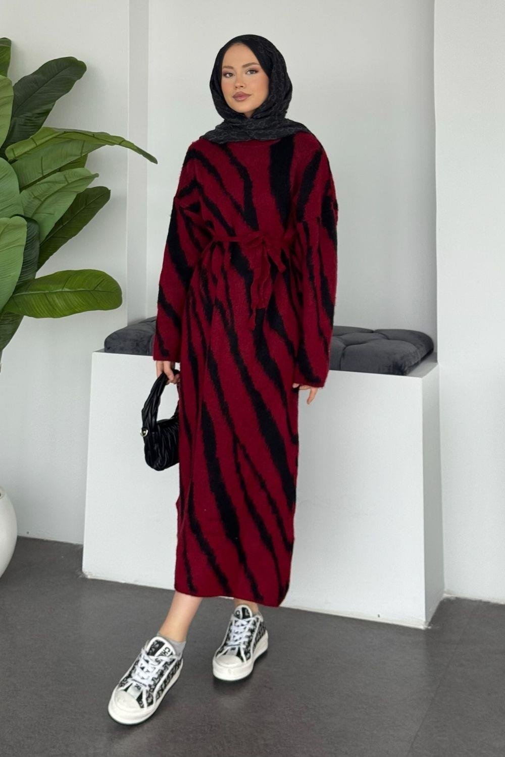 Pars Zebra Desen Elbise Bordo 25330 