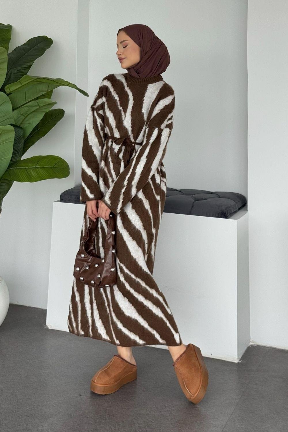 Pars Zebra Desen Elbise Kahverengi 25330 