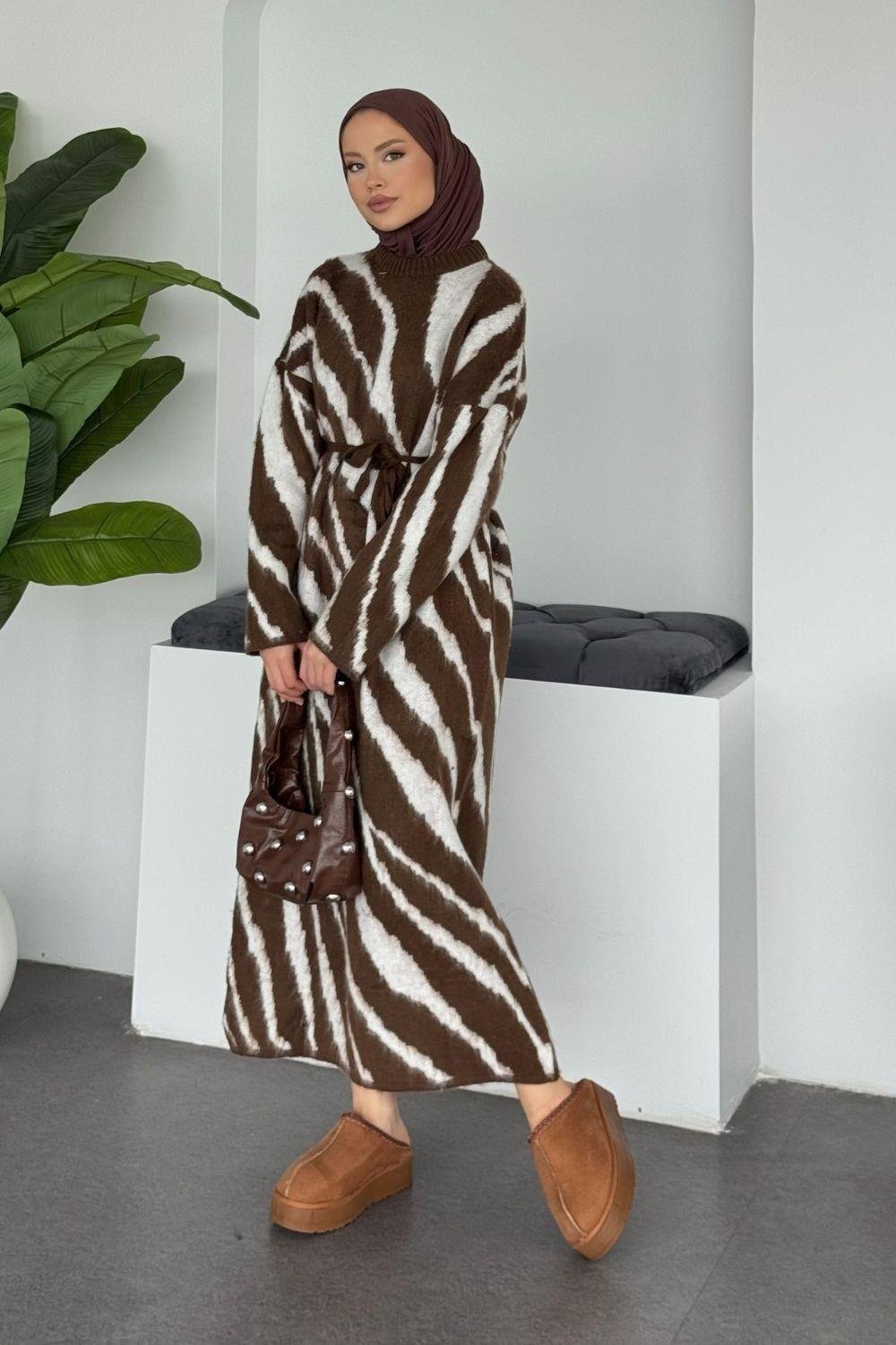 Pars Zebra Desen Elbise Kahverengi 25330 