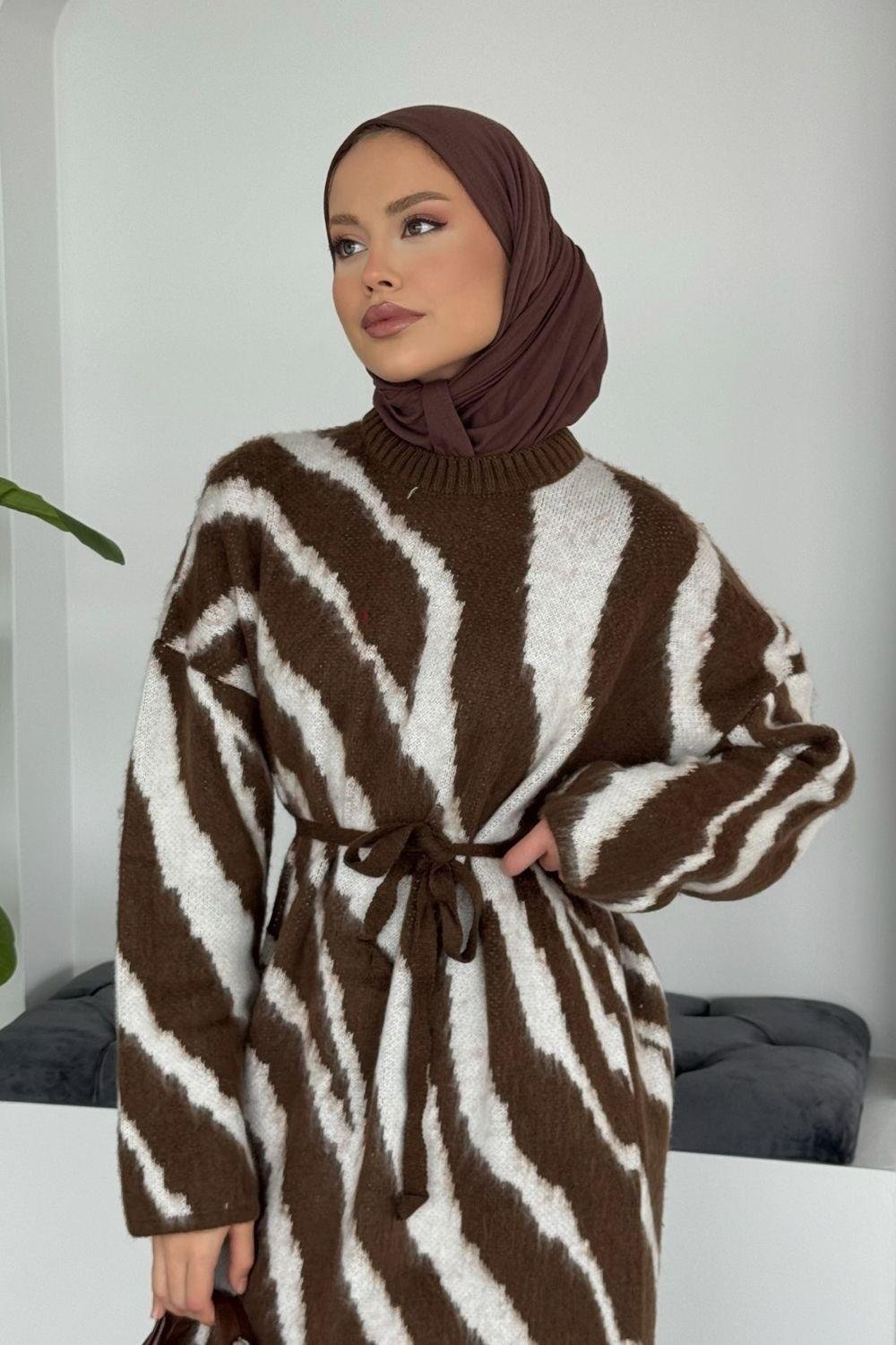 Pars Zebra Desen Elbise Kahverengi 25330 