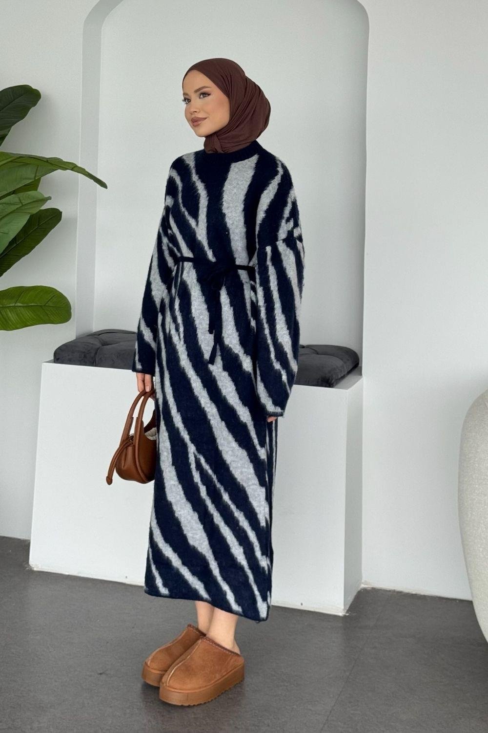 Pars Zebra Desen Elbise Lacivert 25330 
