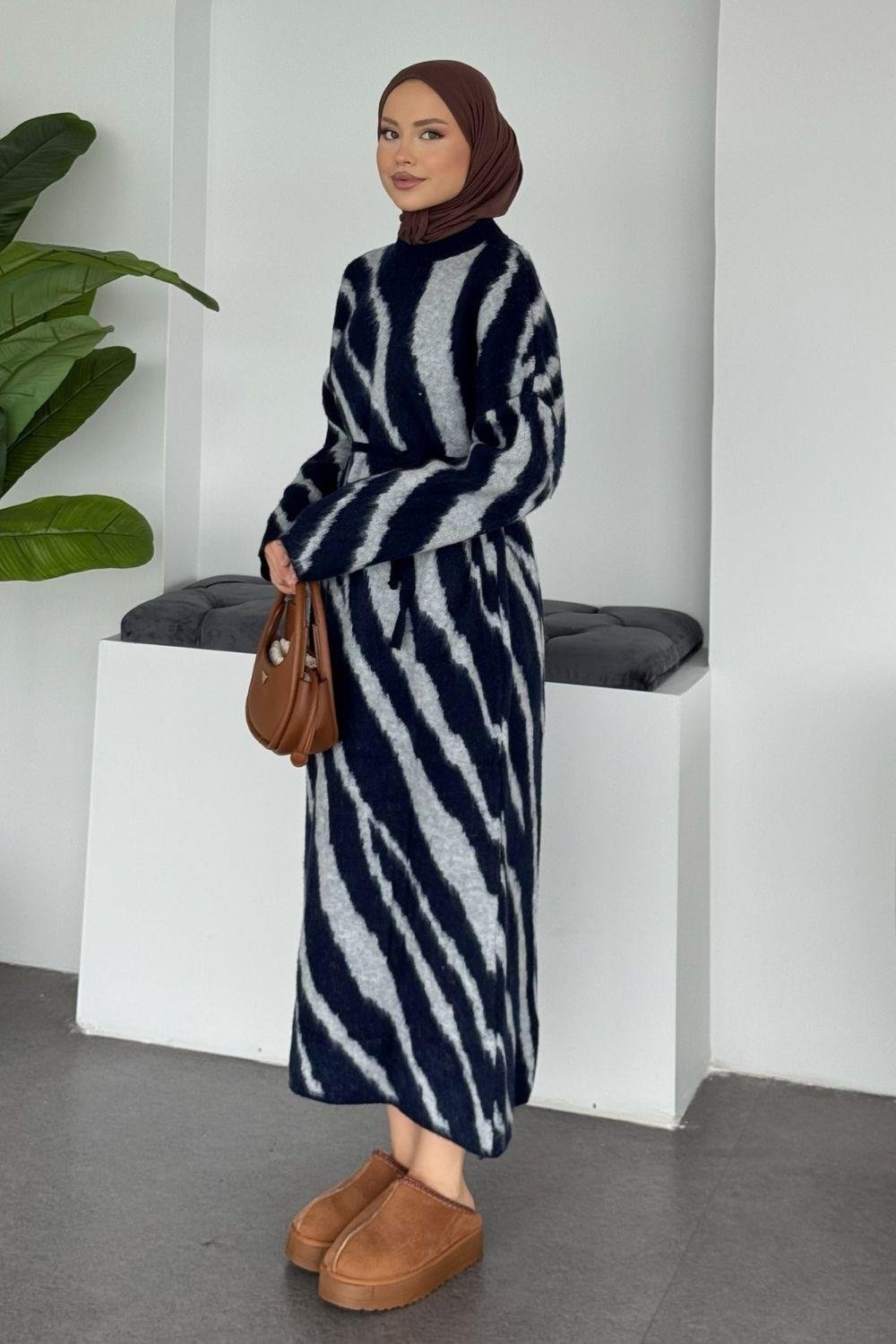 Pars Zebra Desen Elbise Lacivert 25330 
