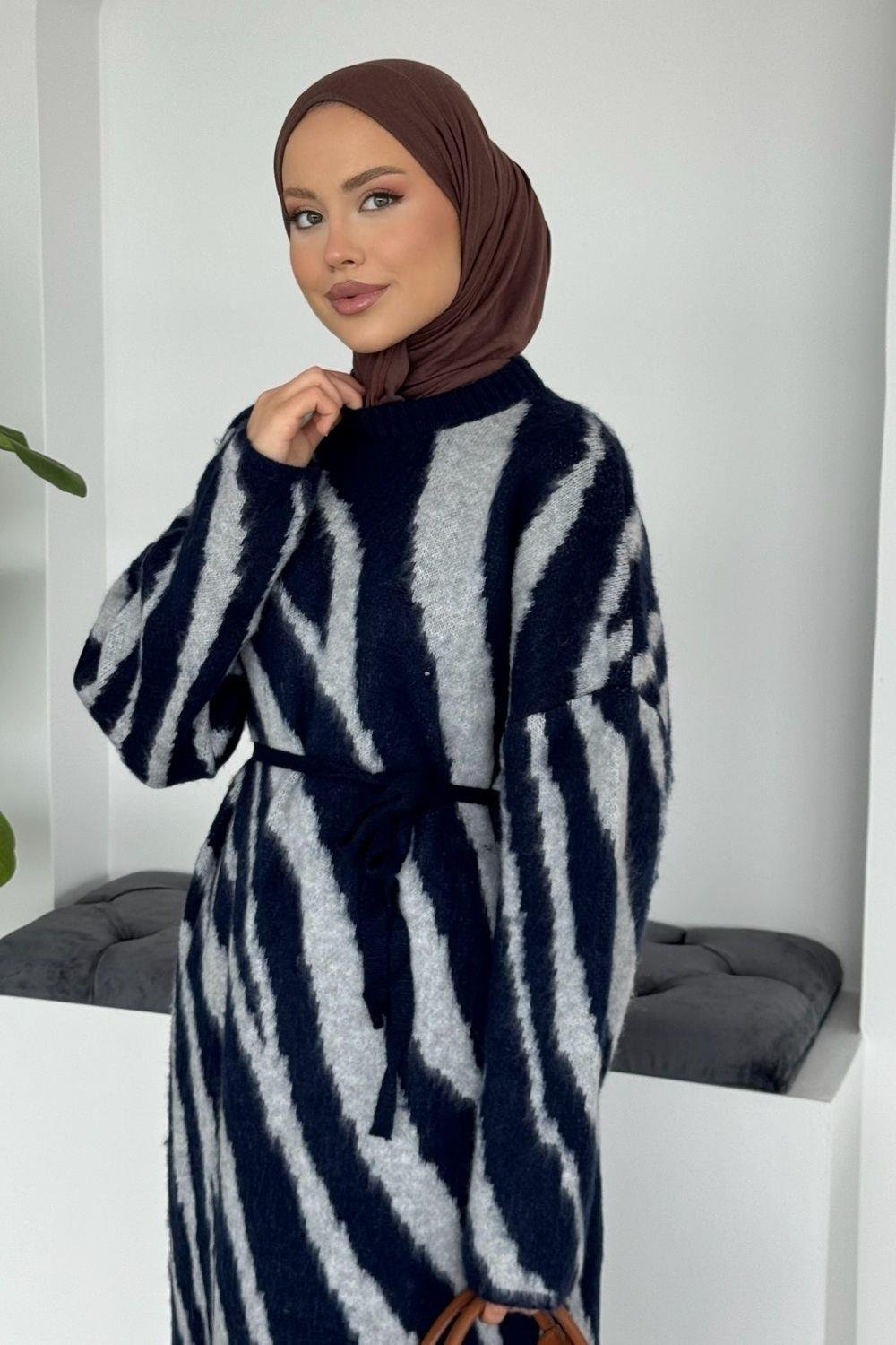 Pars Zebra Desen Elbise Lacivert 25330 