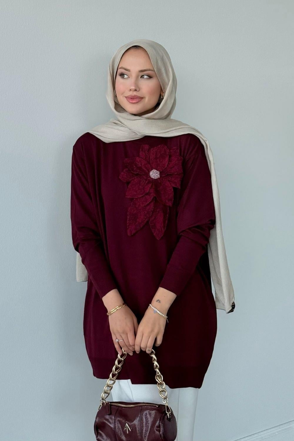 Merserize Çiçekli Tunik Bordo 2550 
