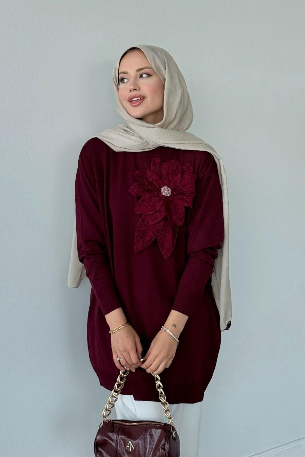 Merserize Çiçekli Tunik Bordo 2550 