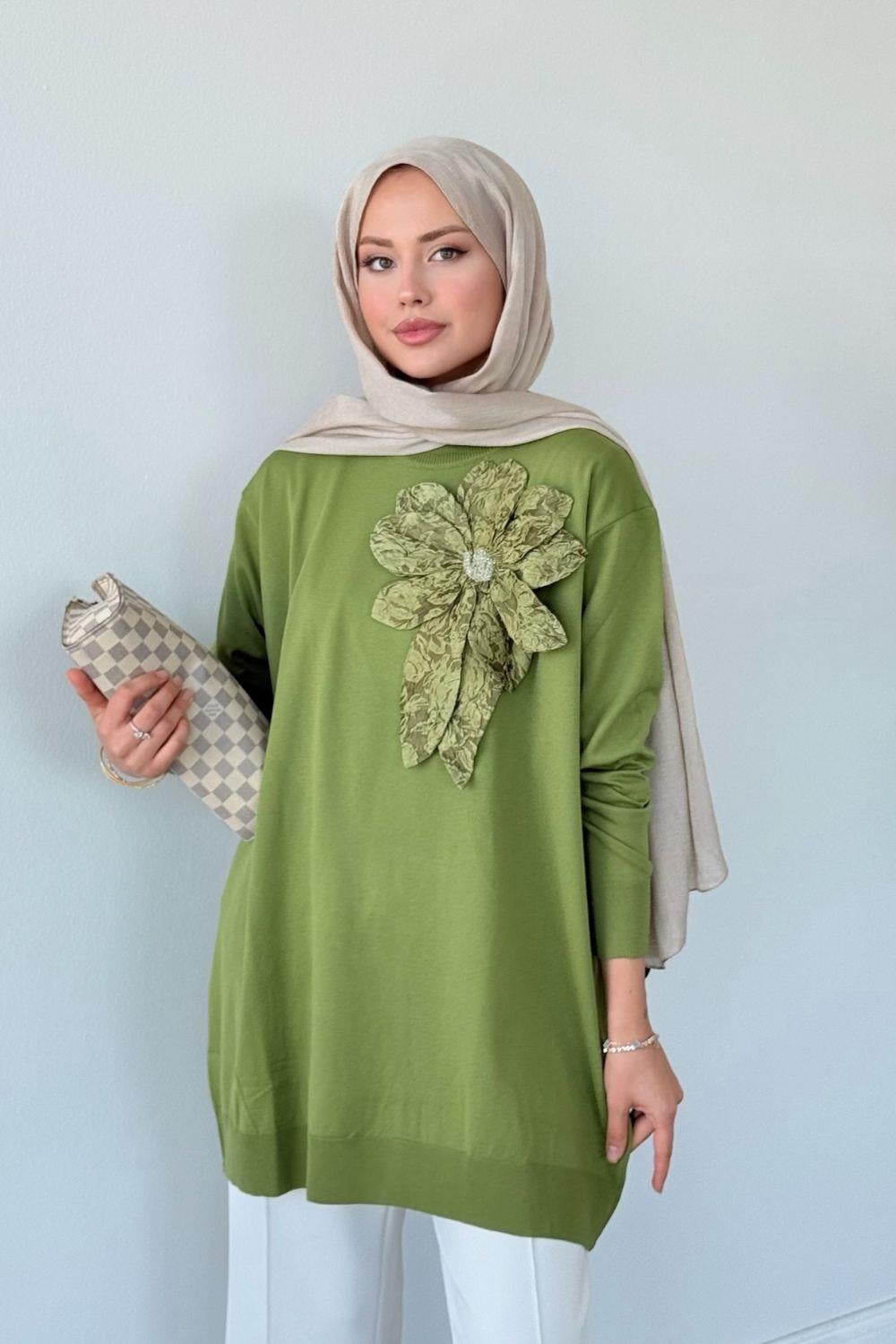 Merserize Çiçekli Tunik Haki 2550 
